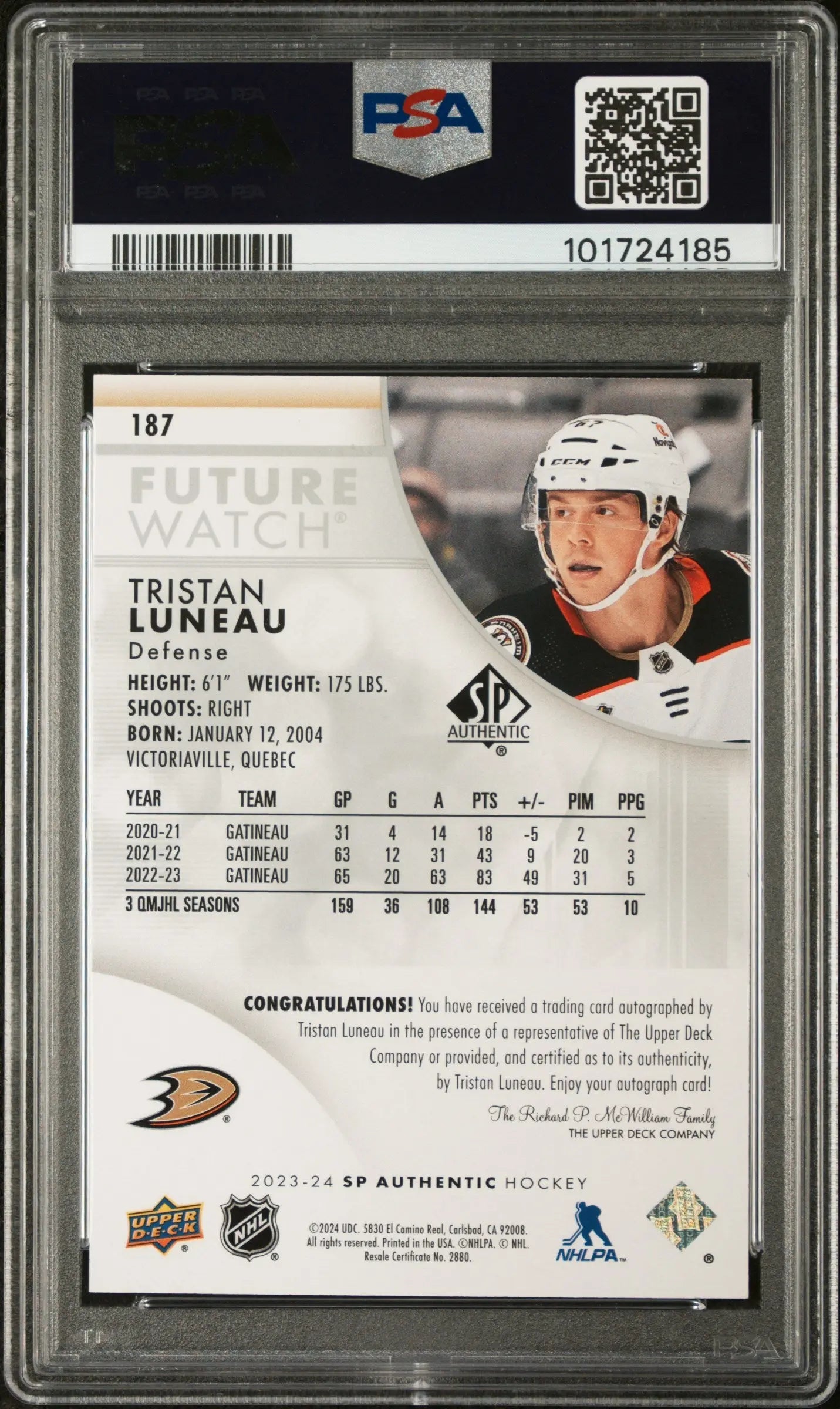 2023 UD SP Authentic Tristan Luneau Future Watch Autograph PSA 9 /999 