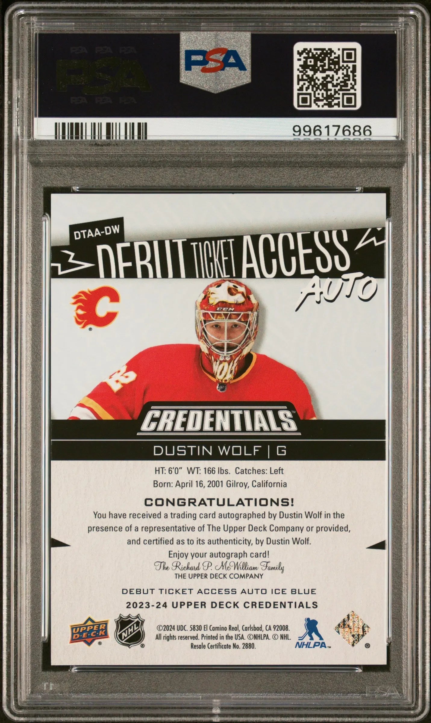 2023 Upper Deck Credentials Debut Ticket Access Auto Dustin Wolf PSA 9 /999 