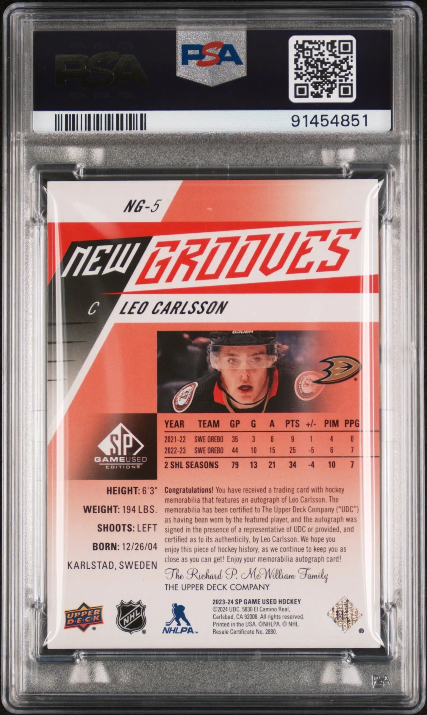 2023 Upper Deck SP Game Used Leo Carlsson RC New Grooves Ruby Auto PSA 9 /25 