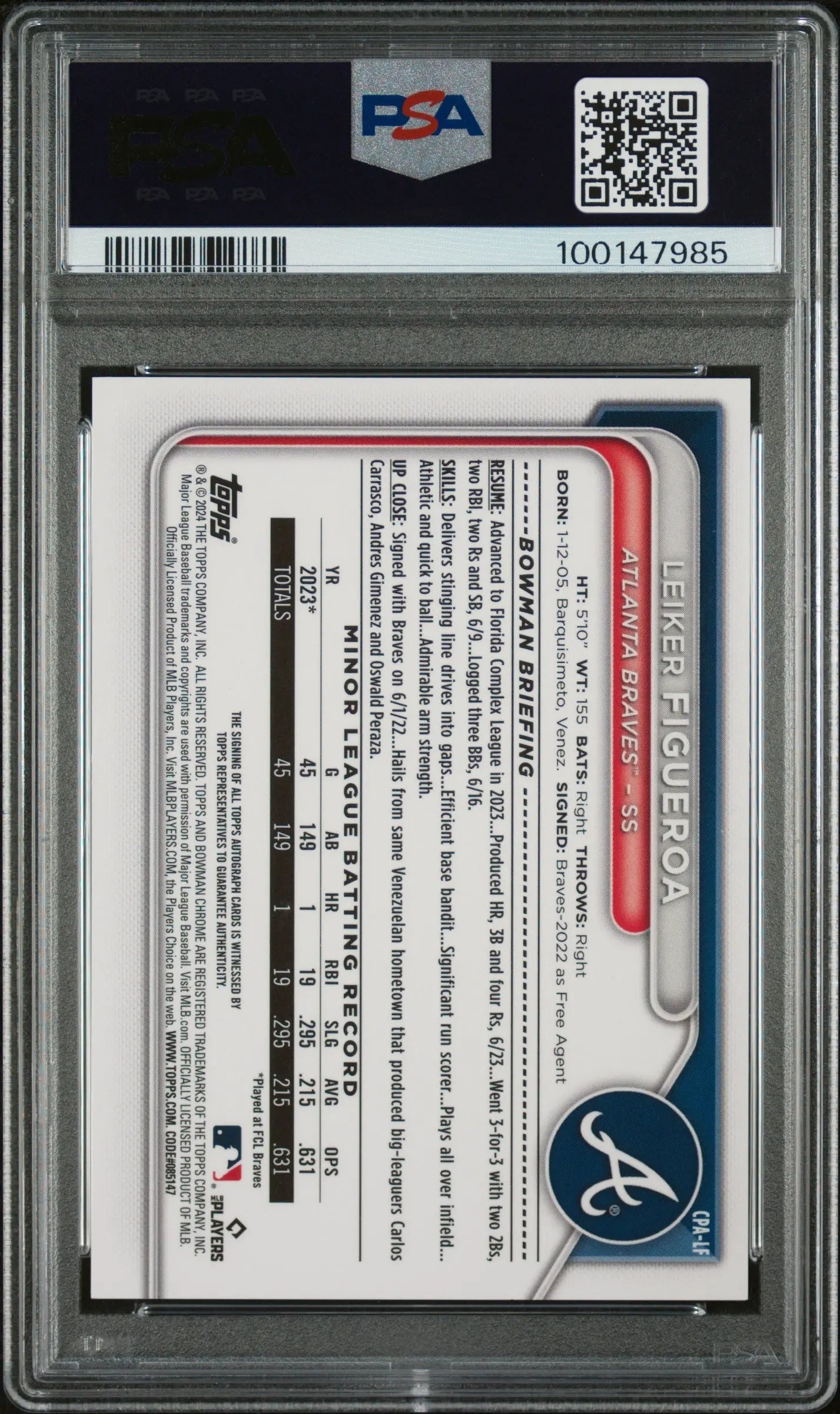 2024 1st Bowman Chrome Prospect Auto Orange Lava Leiker Figueroa PSA 9 /25 