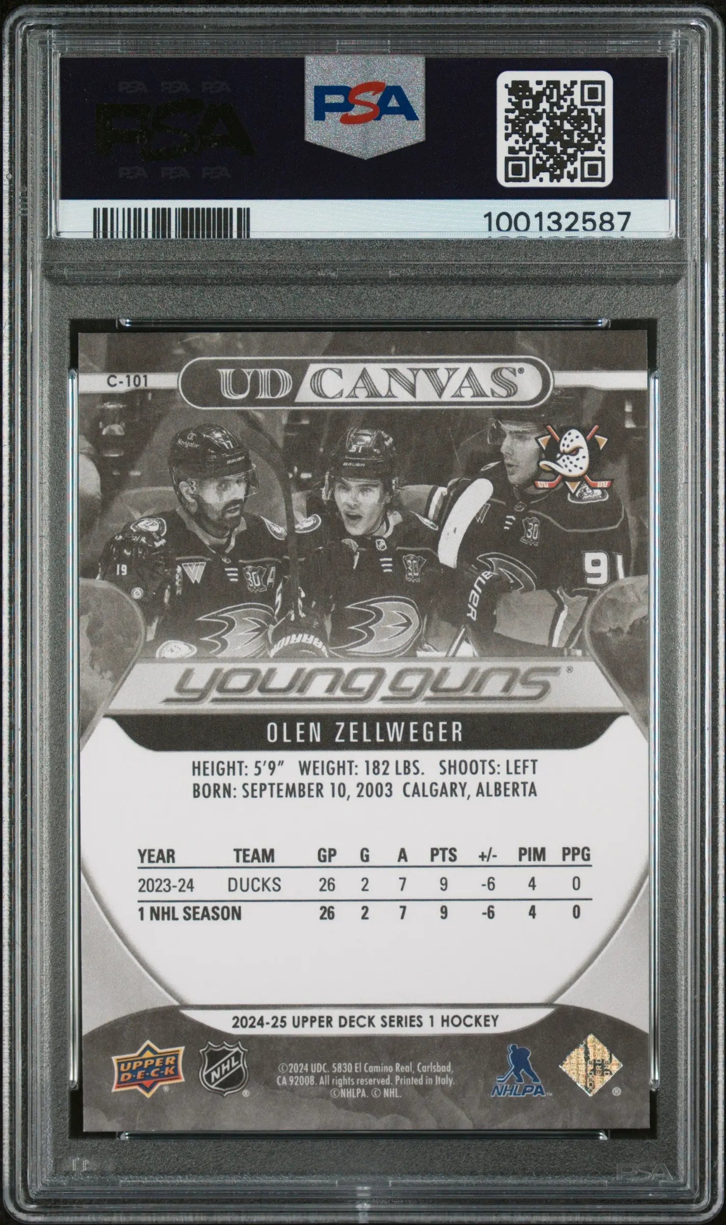 2024-25 UD Series 1 UD Canvas Black & White Young Guns Olen Zellweger PSA 9 