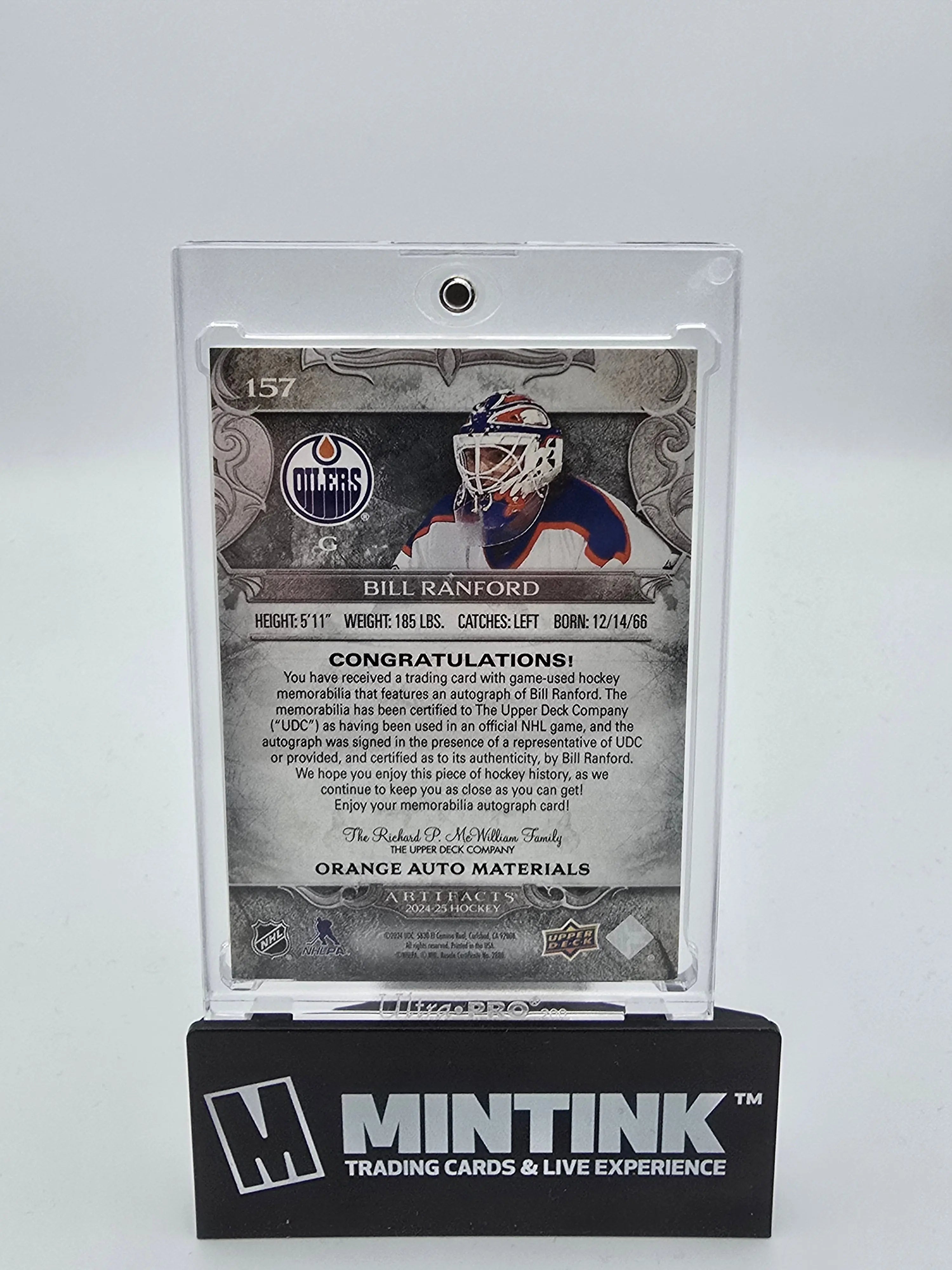 2024-25 Upper Deck Artifacts Bill Ranford Orange Auto Dual Materials 5/5 