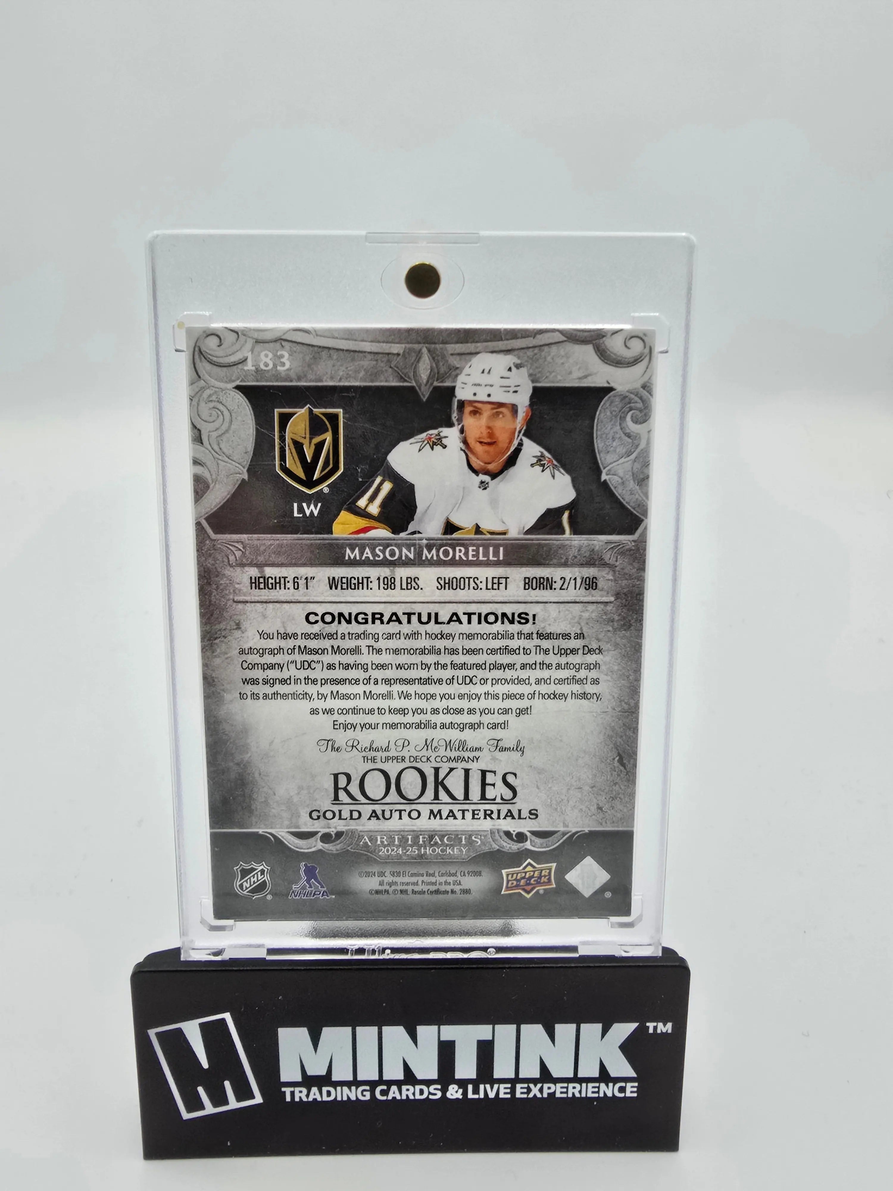 2024-25 Upper Deck Artifacts Hockey Mason Morelli Gold Rookie Dual Materials Autograph /199 