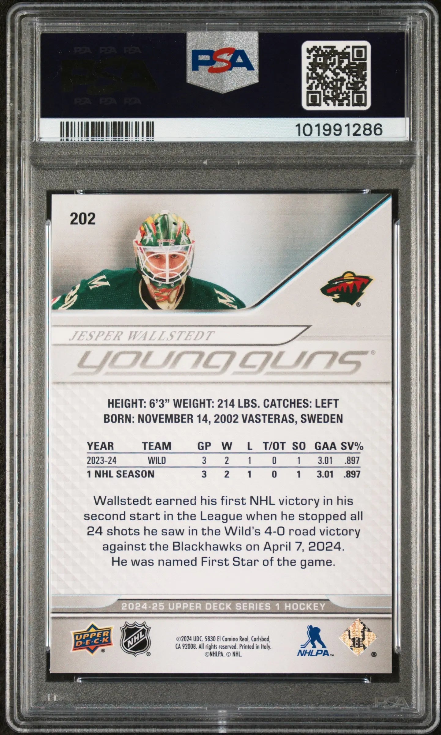 2024-25 Upper Deck Series 1 Hockey Jesper Wallstedt Young Guns PSA 8 