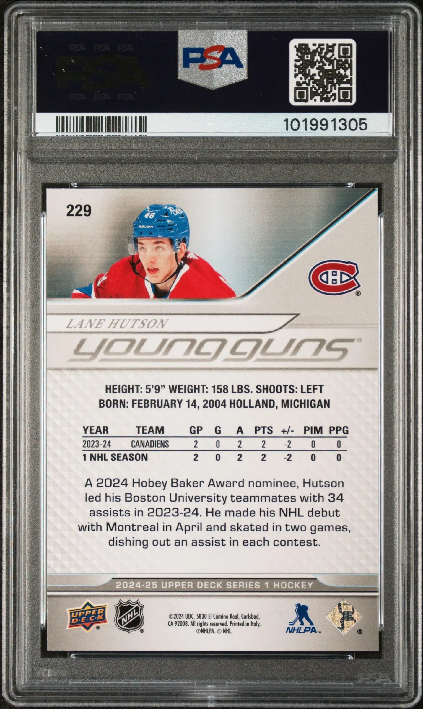 2024-25 Upper Deck Series 1 Hockey Lane Hutson Deluxe Young Guns PSA 9 /250 