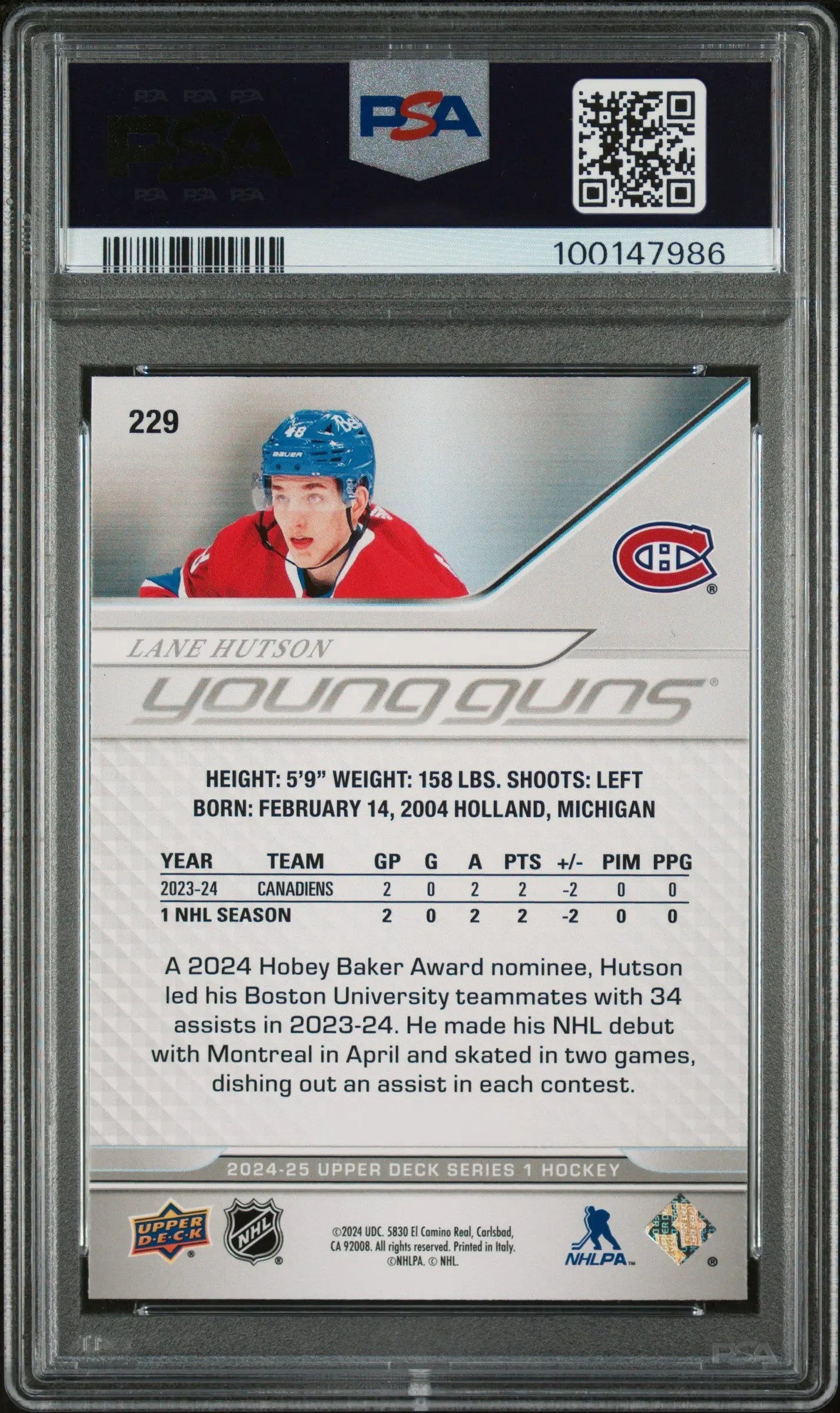 2024-25 Upper Deck Series 1 Hockey Lane Hutson Young Guns PSA 9 