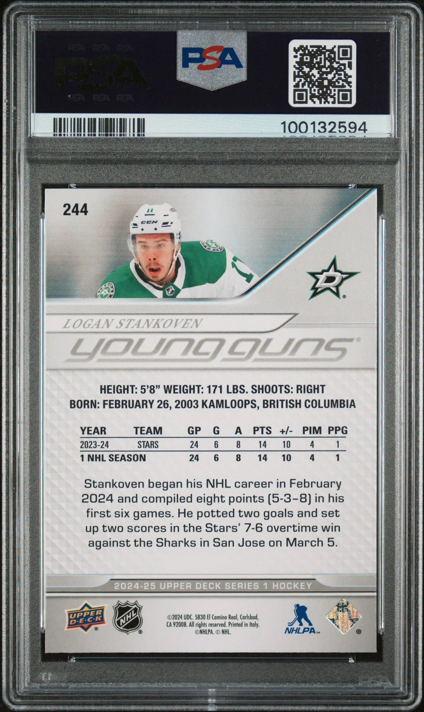 2024-25 Upper Deck Series 1 Hockey Logan Stankoven Young Guns PSA 10 