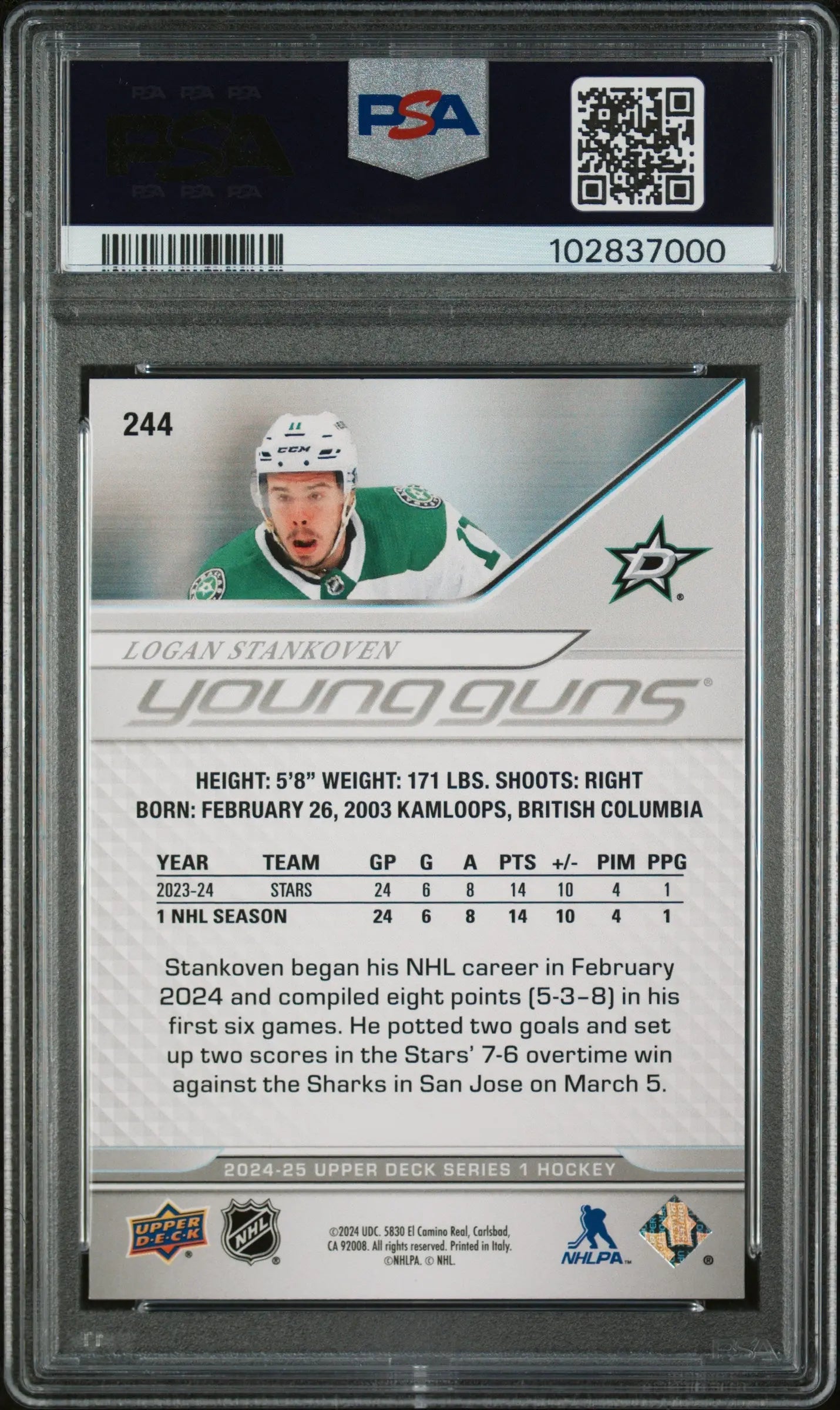 2024-25 Upper Deck Series 1 Hockey Logan Stankoven Young Guns PSA 8 