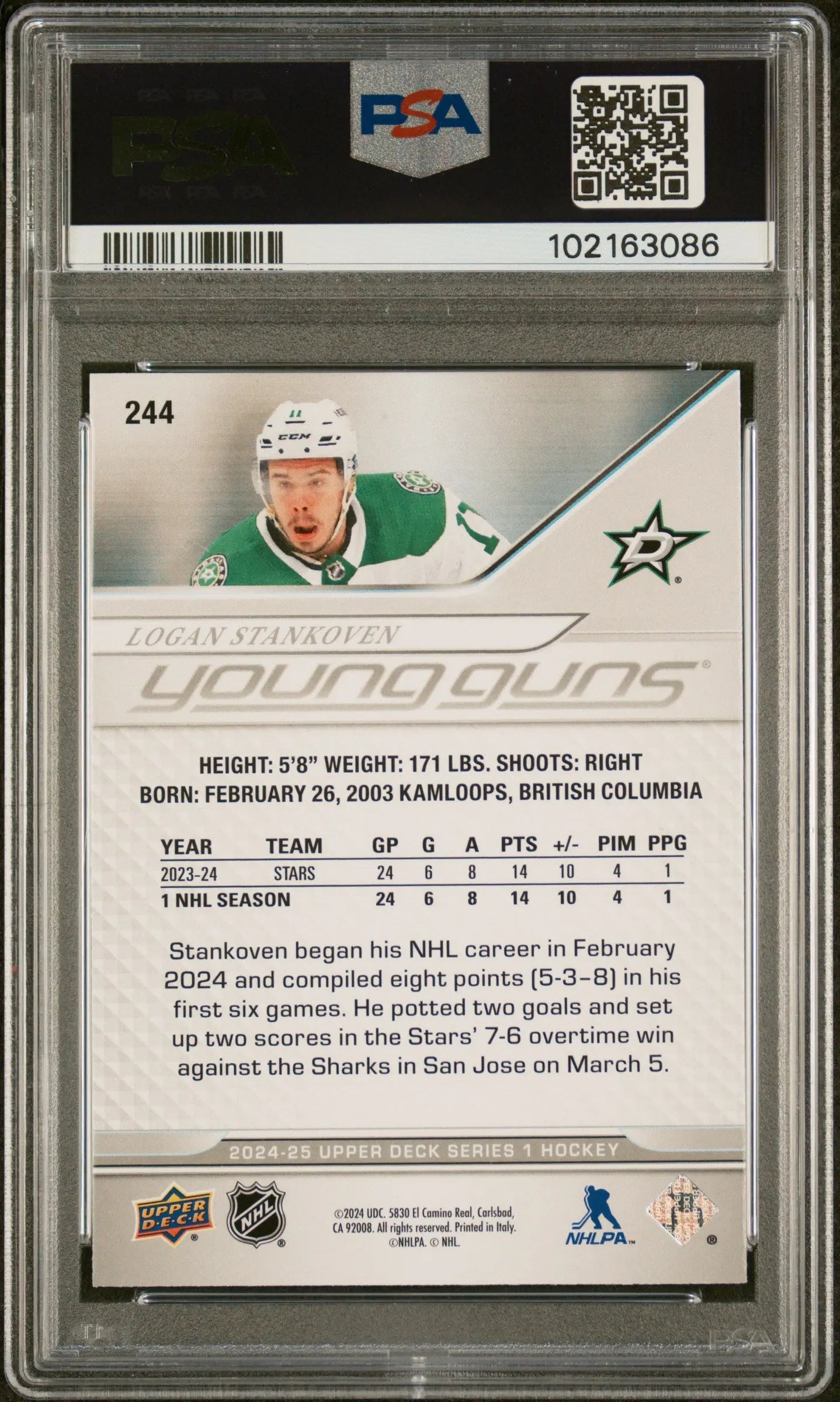 2024-25 Upper Deck Series 1 Hockey Logan Stankoven Young Guns RC PSA 9 