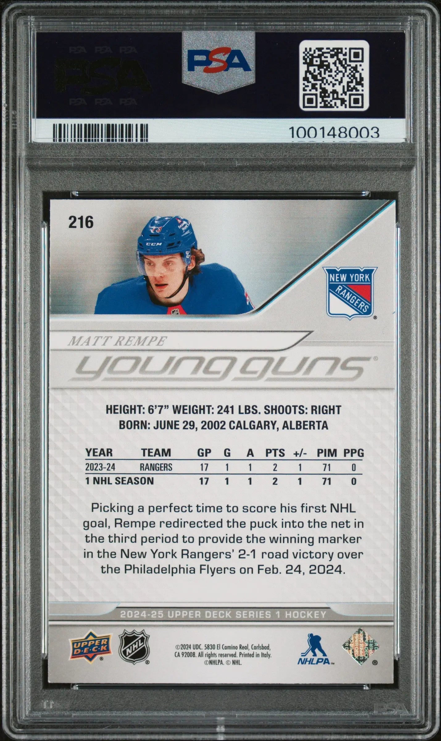 2024-25 Upper Deck Series 1 Hockey Matt Rempe Young Guns PSA 9 