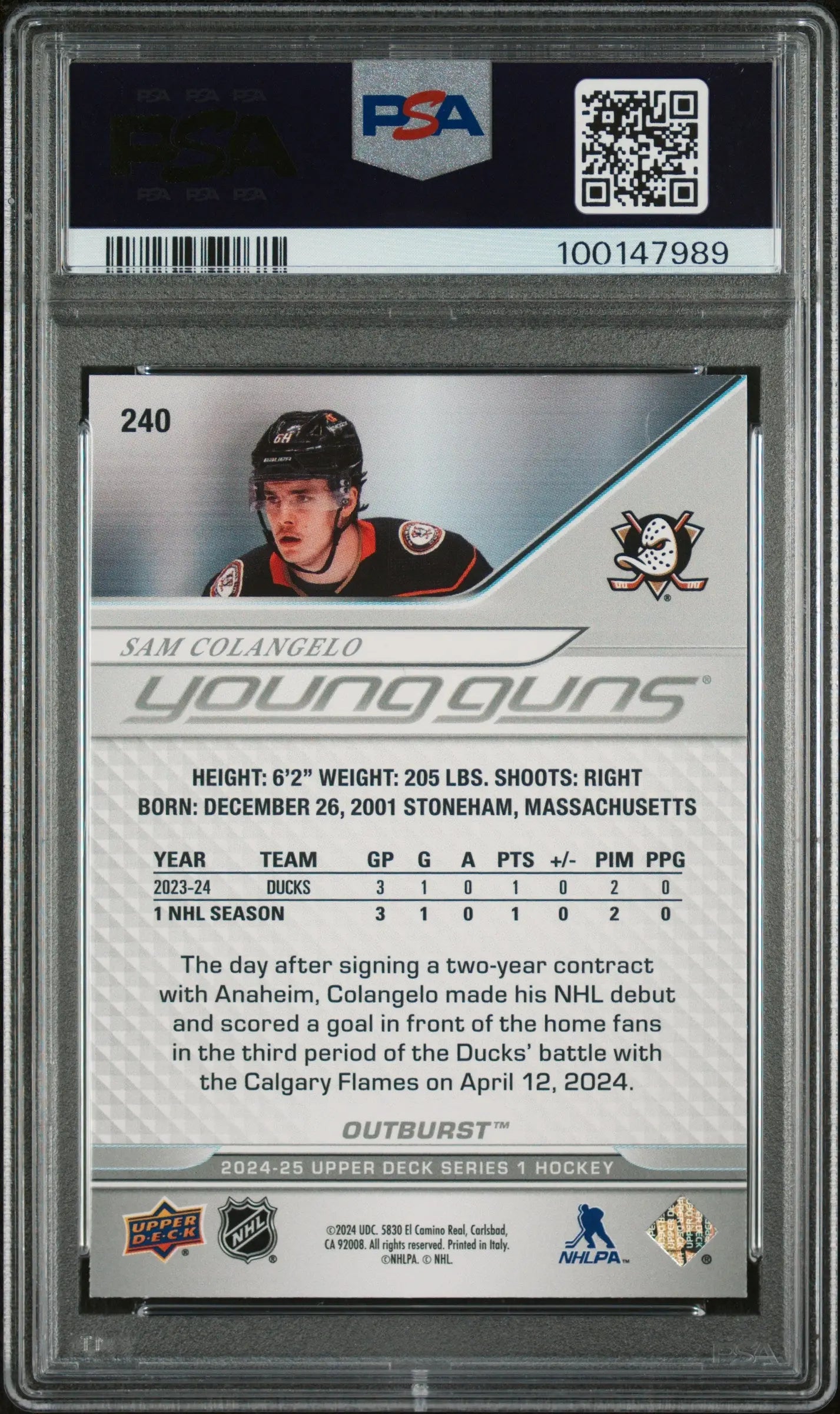 2024-25 Upper Deck Series 1 Sam Colangelo Young Guns Silver Outburst PSA 9 