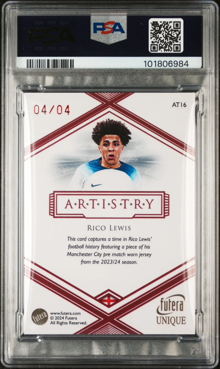 2024 Futera Unique World Football Artistry Rico Lewis Ruby PSA 10 4/4 