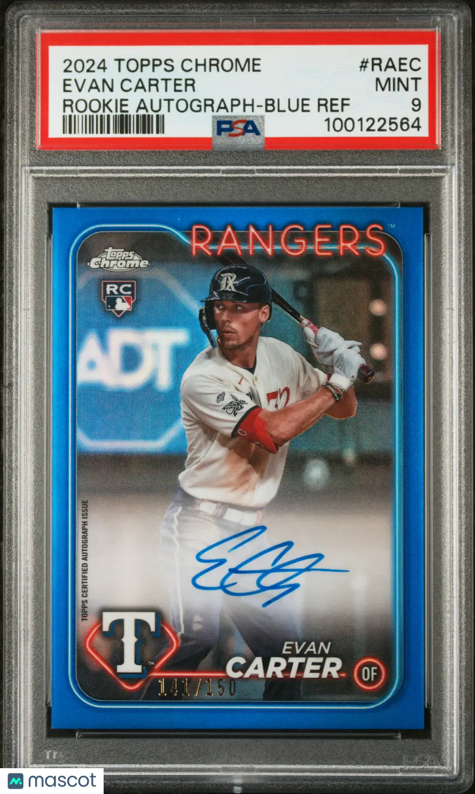 2024 Topps Chrome Baseball Rookie Auto Evan Carter Blue Refractor PSA 9 /150 