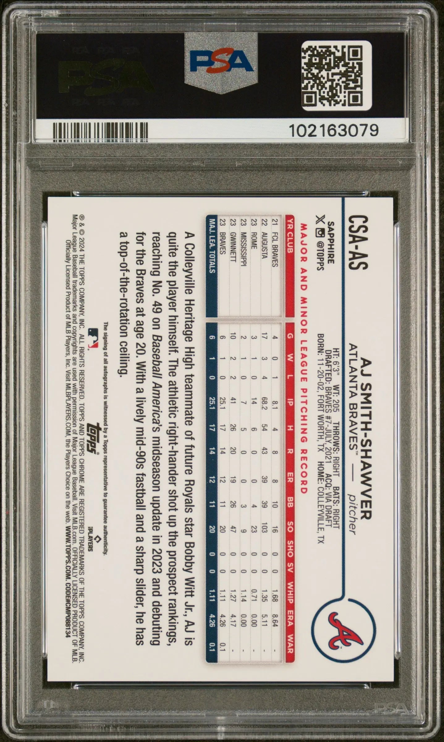 2024 Topps Chrome Sapphire Baseball AJ Smith-Shawver RC Rookie Auto PSA 10 /199 