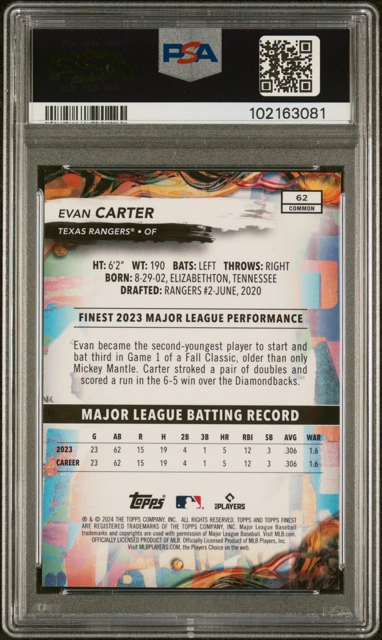 2024 Topps Finest Baseball Evan Carter RC Rookie Purple Refractor PSA 10 /250 