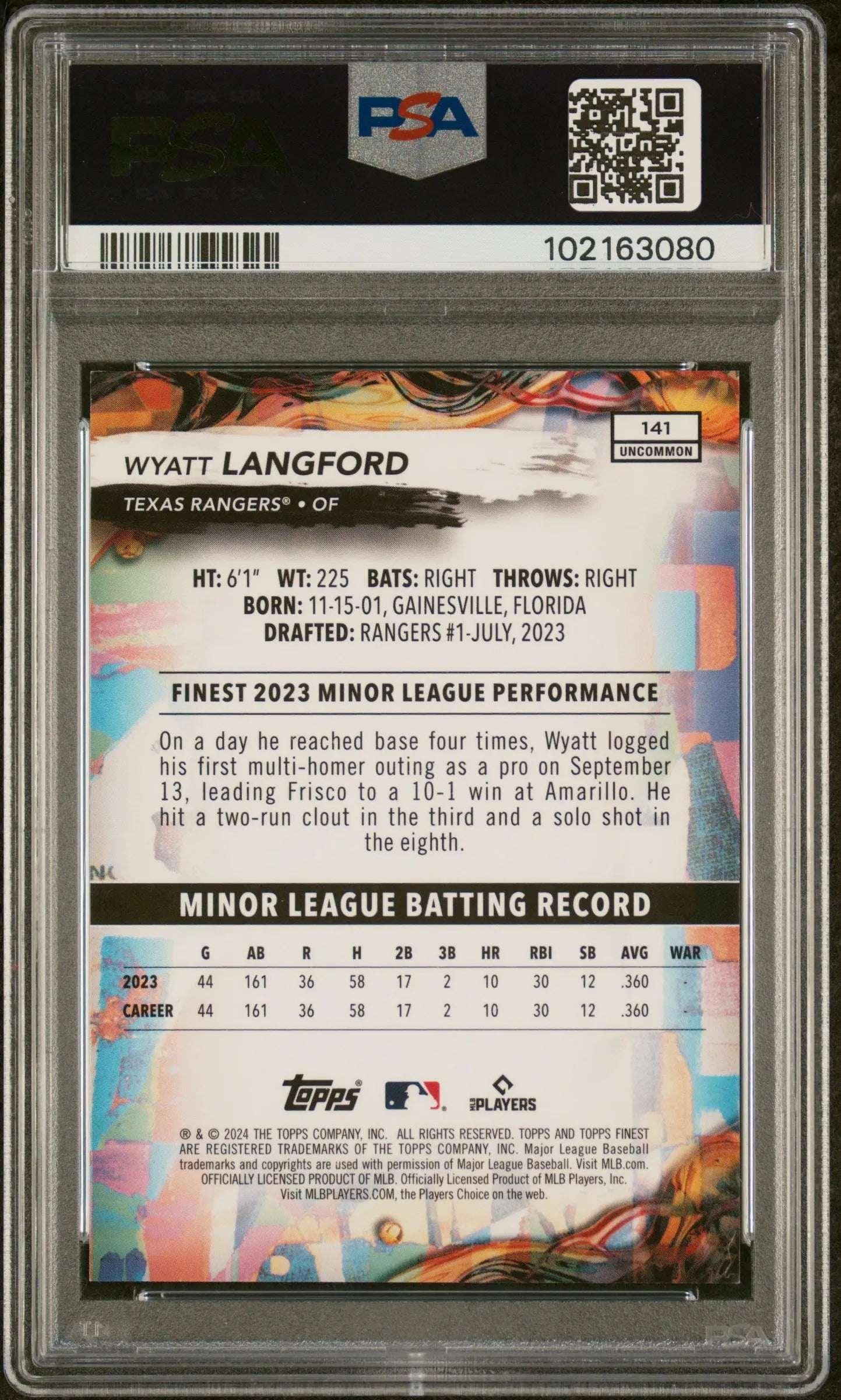 2024 Topps Finest Wyatt Langford RC Rookie Sky Blue Refractor PSA 10 /250 