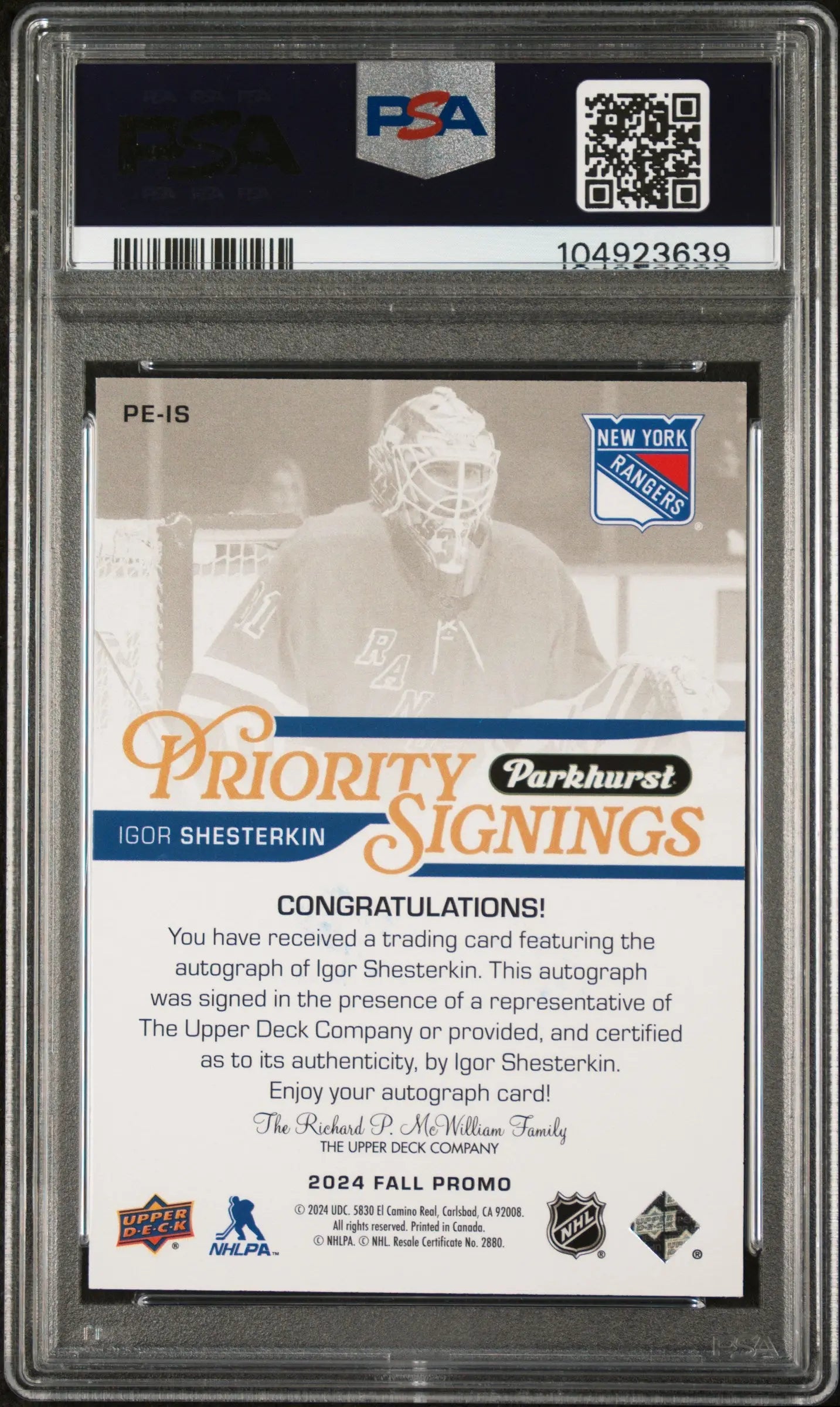 2024 UD Fall Expo Parkhurst Priority Auto Exclusives Igor Shesterkin PSA 9 /5 