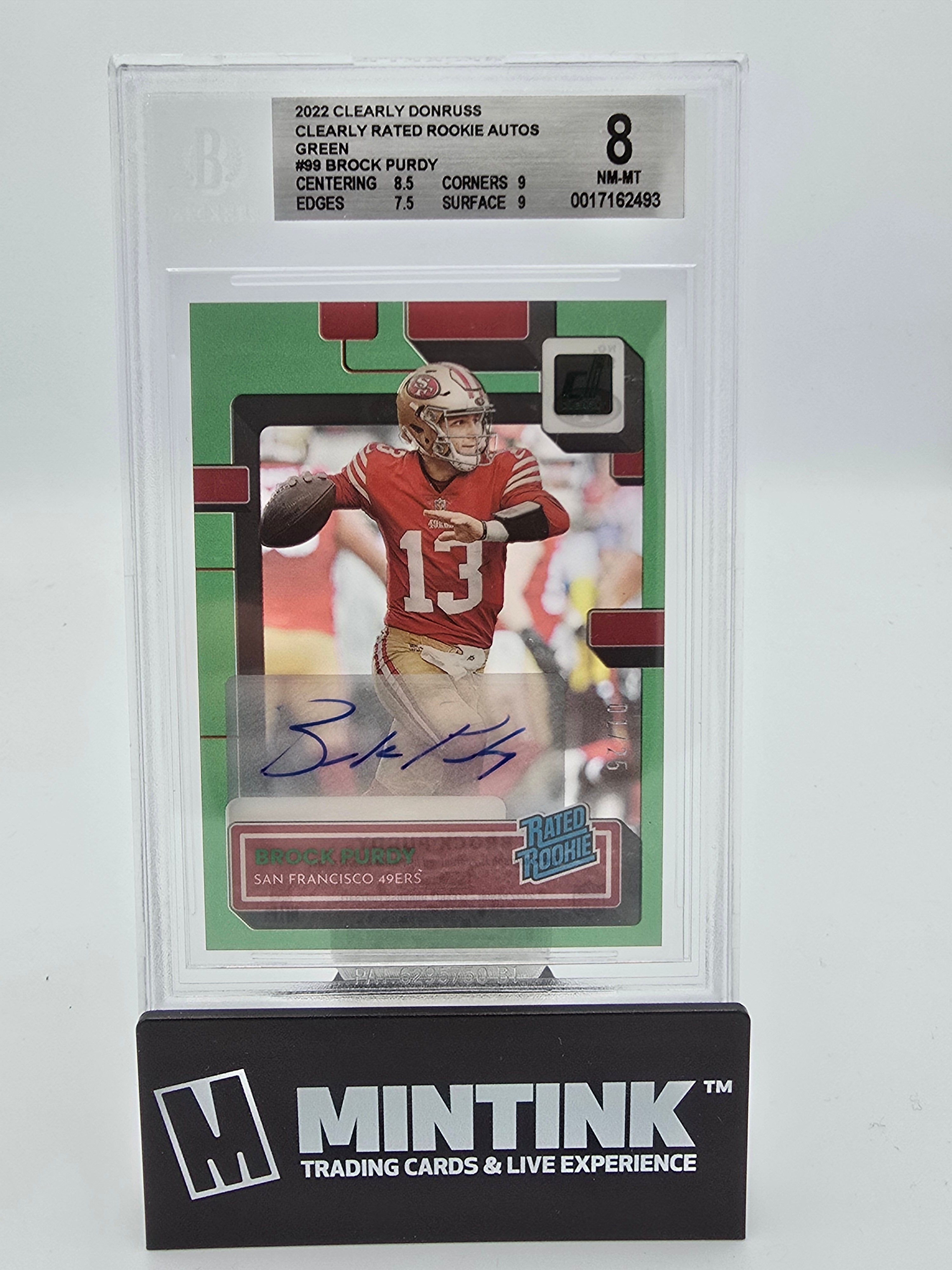 2022 Clearly Donruss Football Rated Rookie Auto Green Brock Purdy BGS 8 01/25 