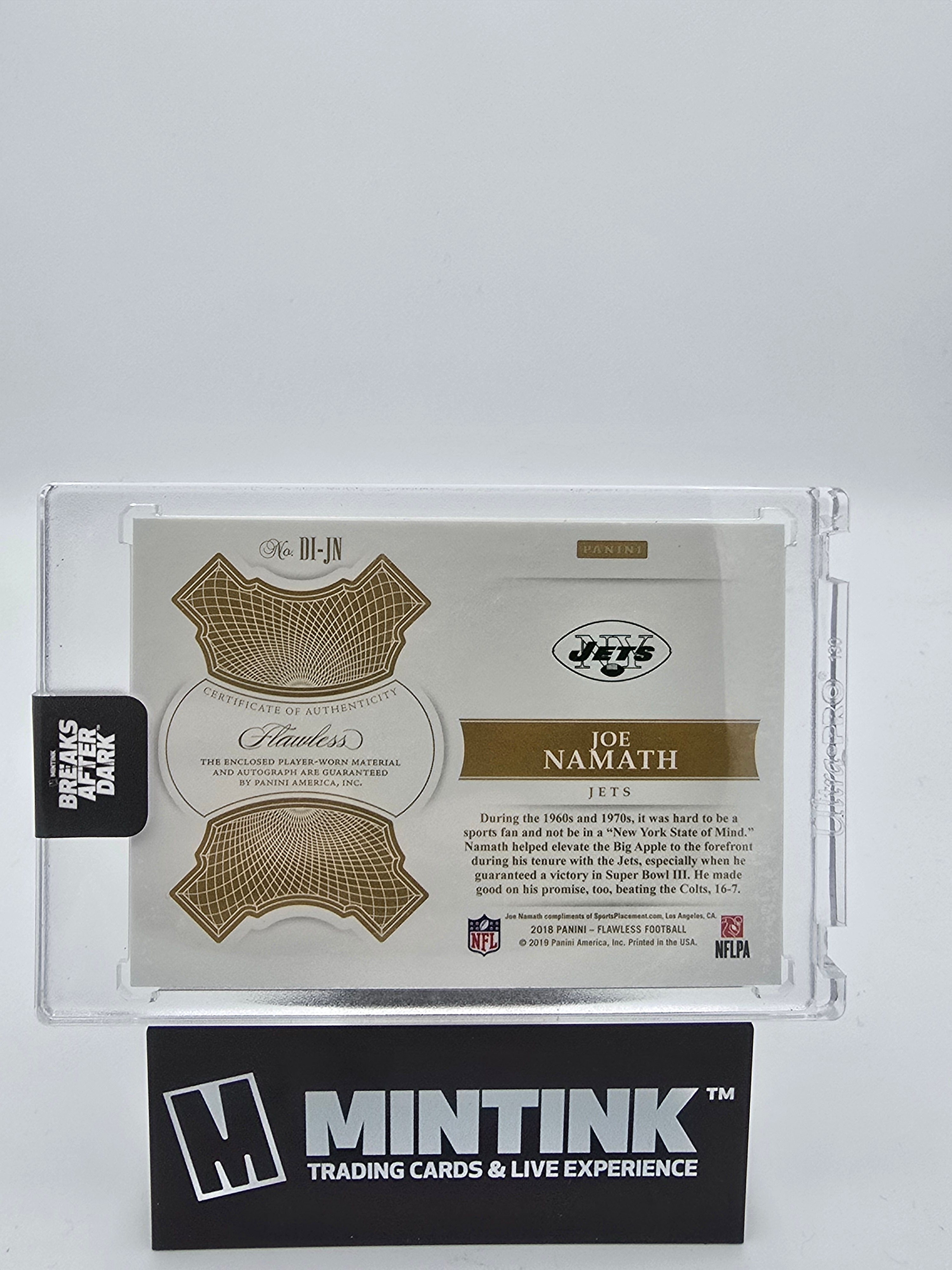 2018 Panini Flawless Football Joe Namath Distinguished Patch Auto Sapphire 2/3 #DI-JN 