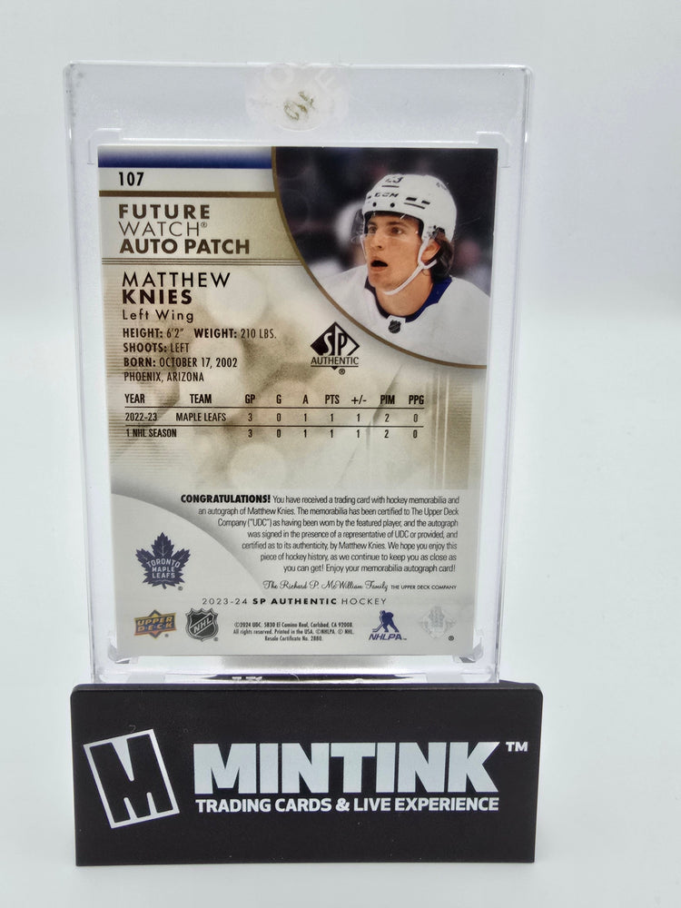 2023-24 UD SP Authentic Hockey Matthew Knies Future Watch Patch Auto 033/100 #107 