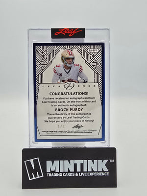 2024 Leaf Decadence Football Brock Purdy Sapphire Blue Frame Autograph 1/4 #BA-BP1 