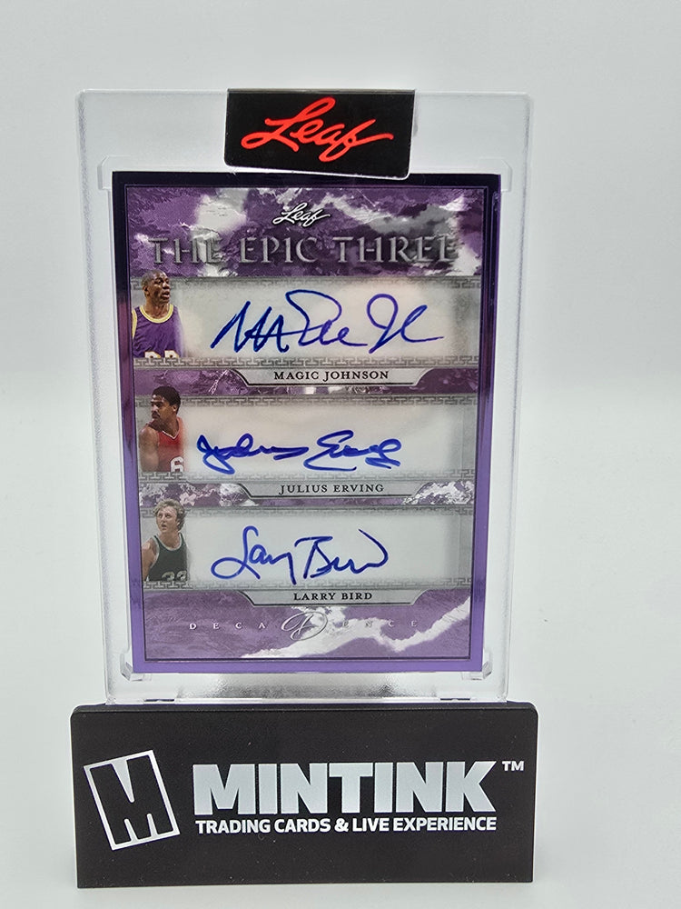 2024 Leaf Decadence Basketball M. Johnson/J. Erving/L. Bird The Epic Three Purple Frame Autographs 1/5 