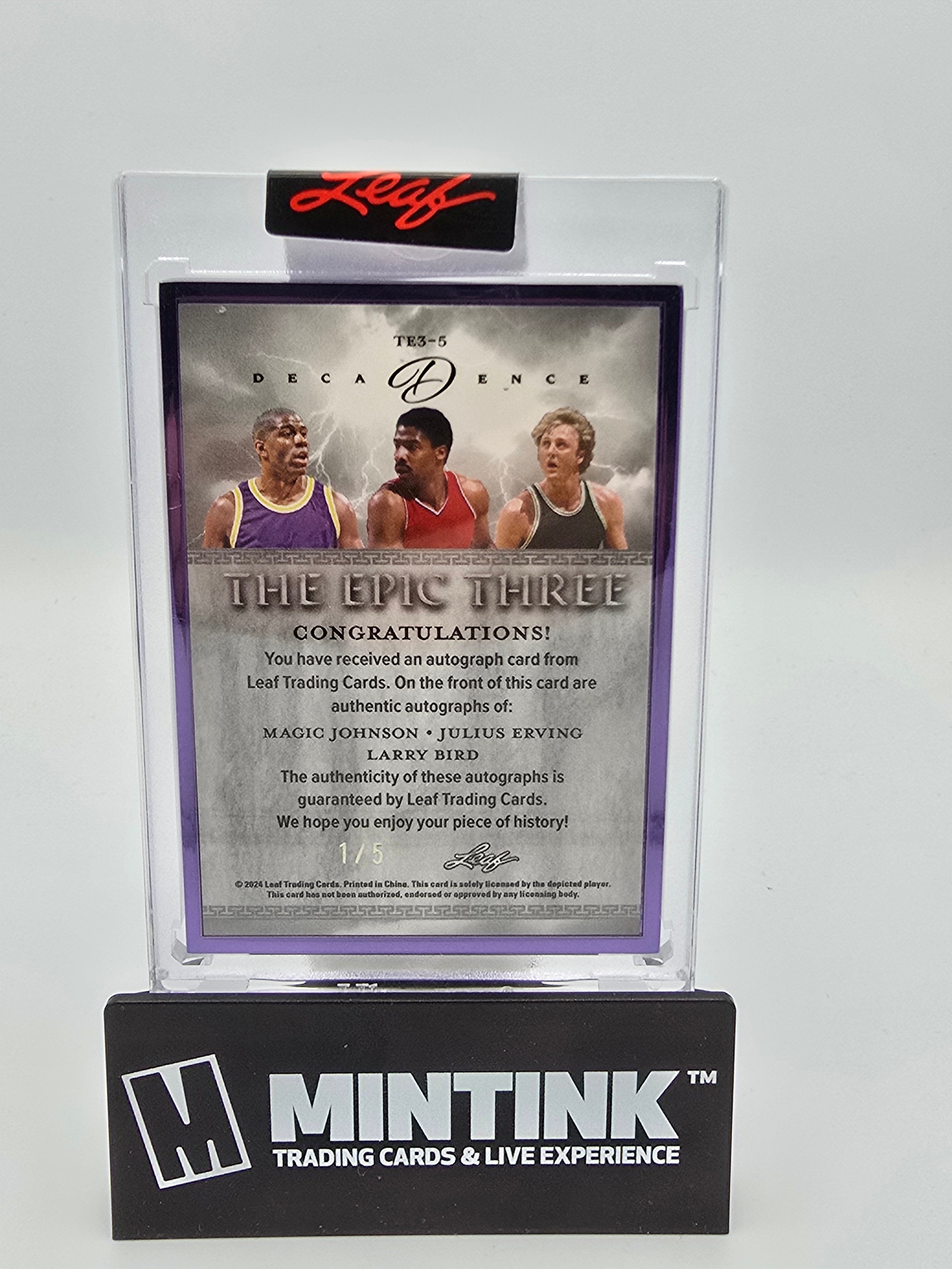 2024 Leaf Decadence Basketball M. Johnson/J. Erving/L. Bird The Epic Three Purple Frame Autographs 1/5 