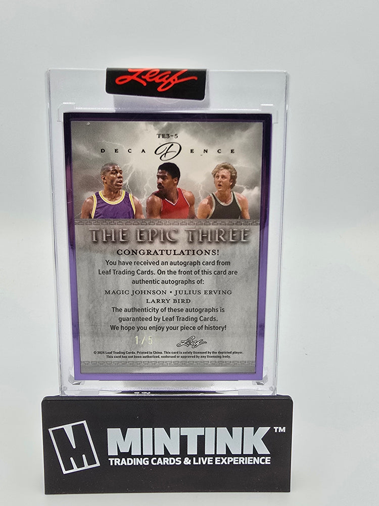 2024 Leaf Decadence Basketball M. Johnson/J. Erving/L. Bird The Epic Three Purple Frame Autographs 1/5 