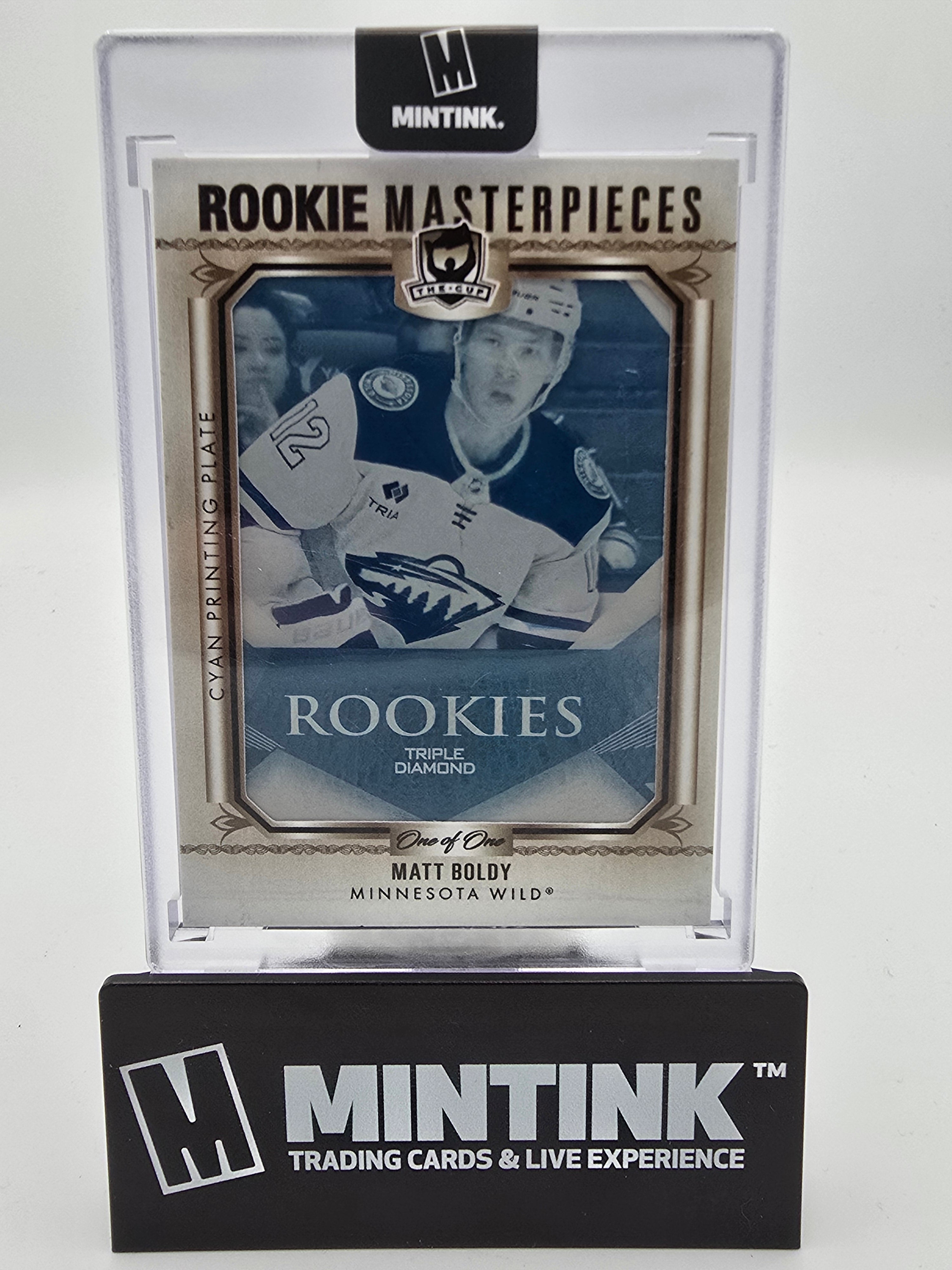 2022-23 UD The Cup Hockey Matt Boldy Rookie Masterpieces Triple Diamond Cyan Print Plate 1/1 