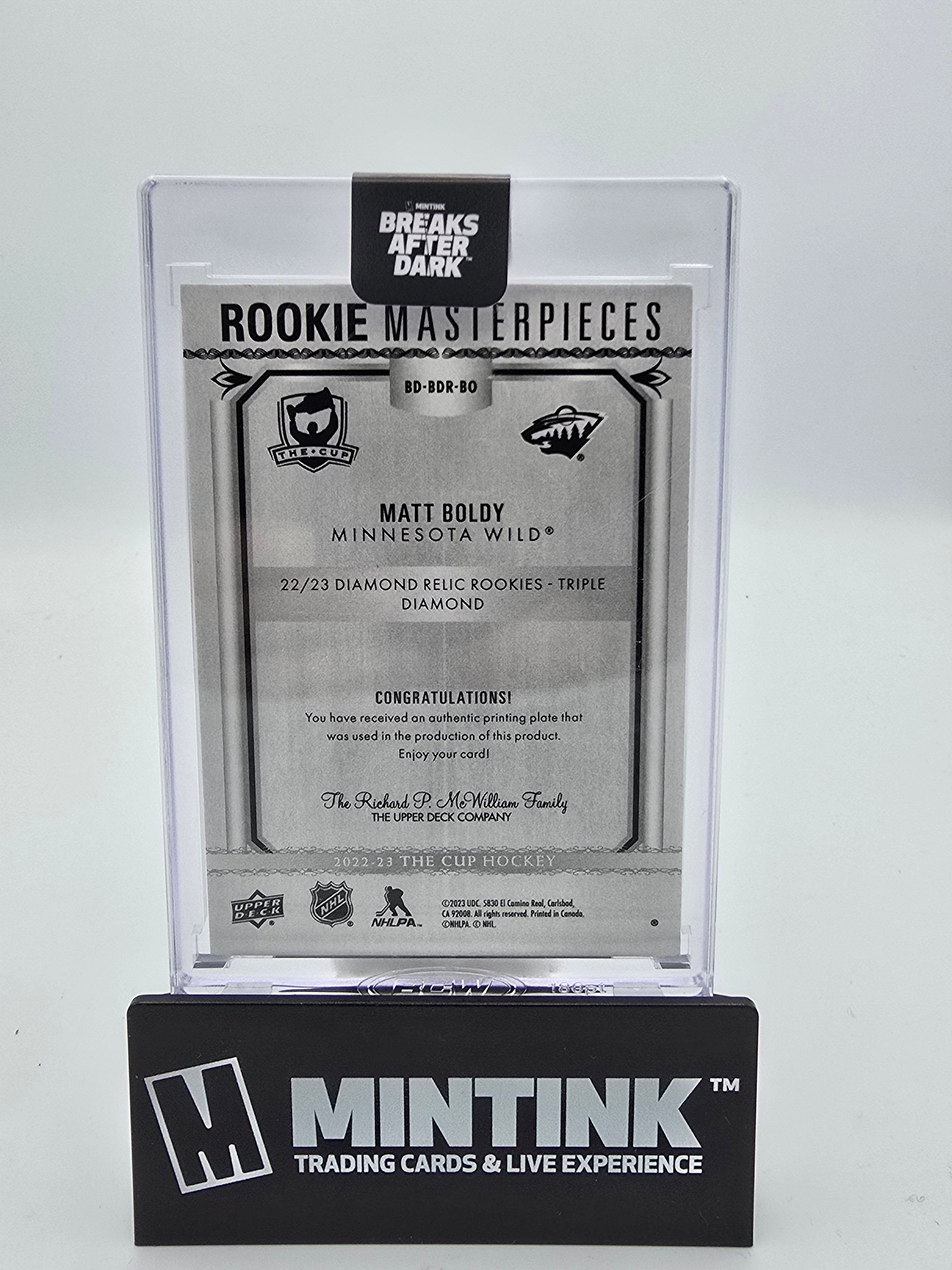 2022-23 UD The Cup Hockey Matt Boldy Rookie Masterpieces Triple Diamond Cyan Print Plate 1/1 