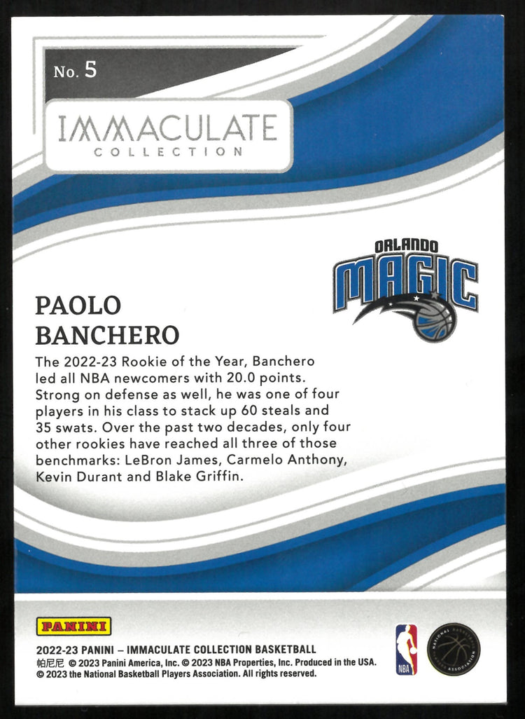 2022-23 Panini Immaculate Basketball Paolo Banchero RC Blue/Gold 06/10 #5 