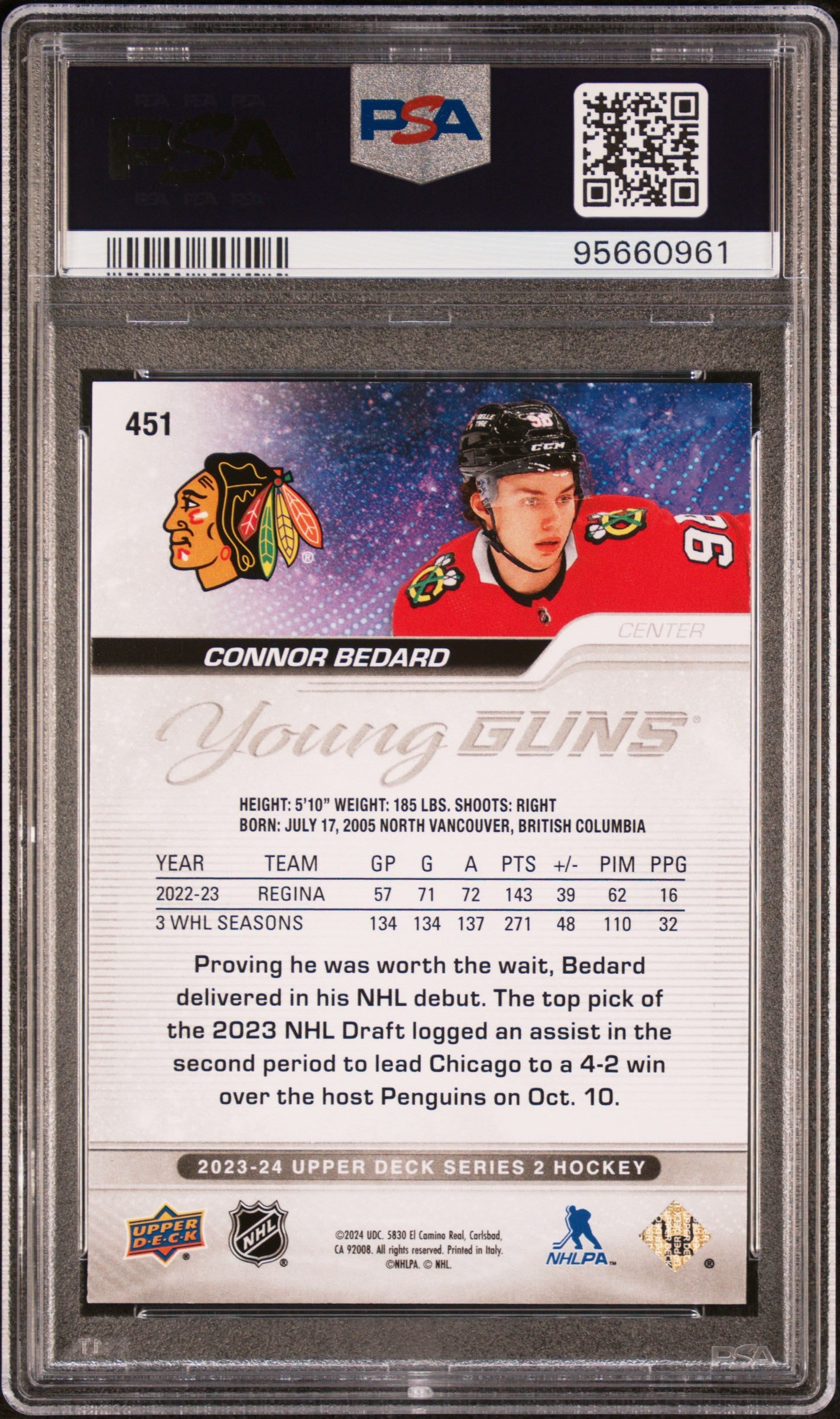 2023-24 Upper Deck  Series 2 Hockey Connor Bedard Young Guns PSA 10 #451 