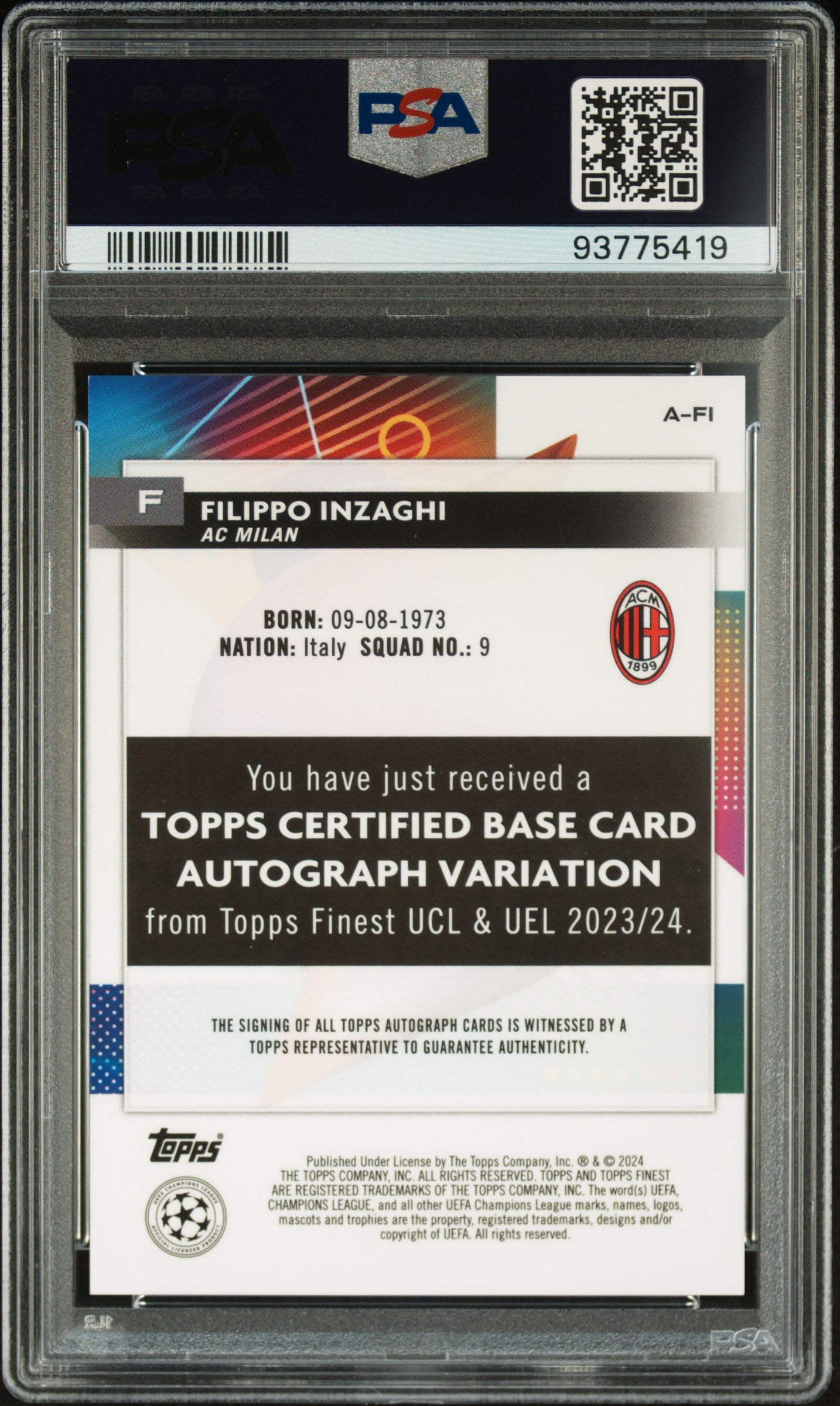 2023-24 Topps Finest UEFA CC PSA 10 Filippo Inzaghi Blue Auto 008/150 #A-FI 