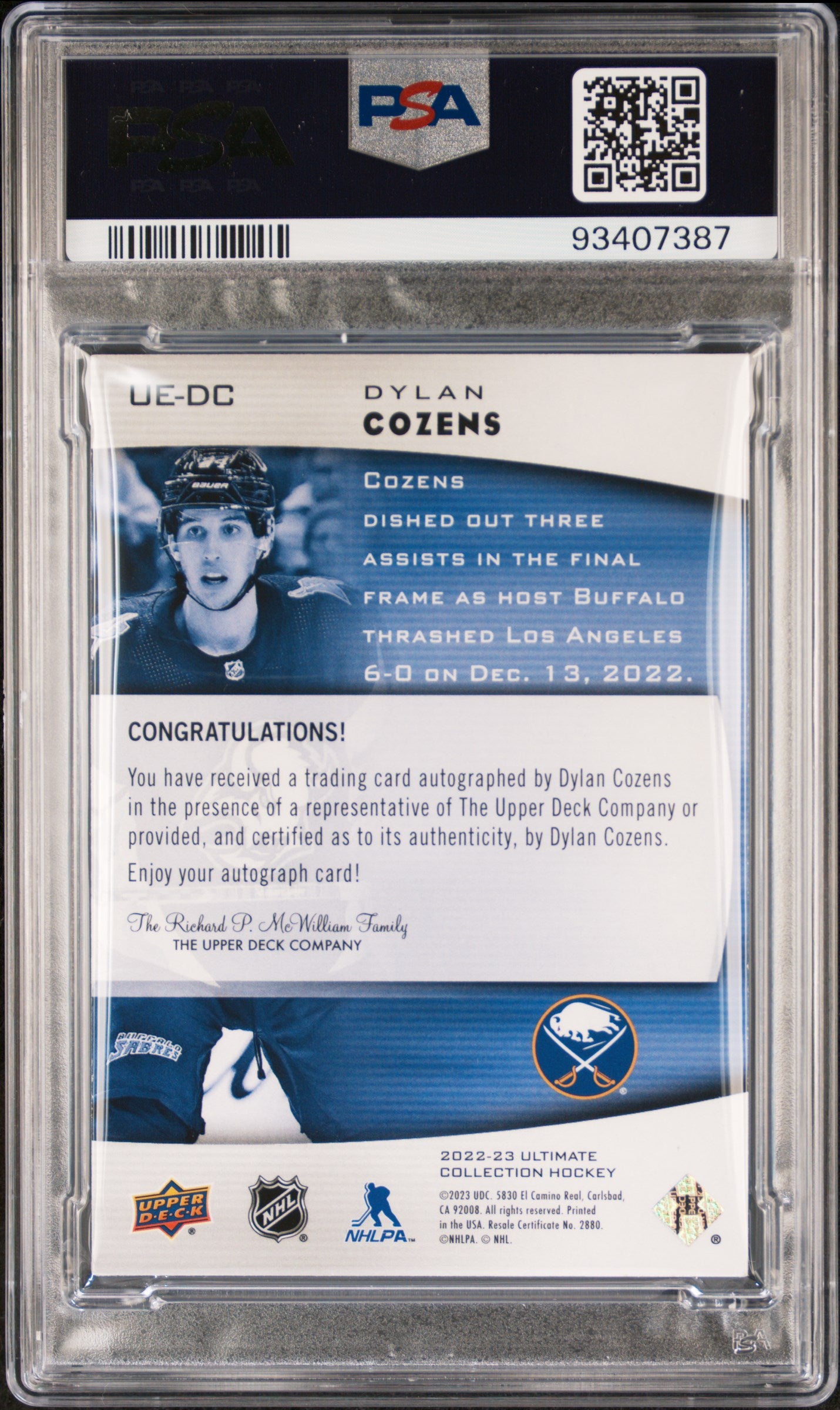 2022 UD Ultimate Collection PSA 9 Dylan Cozens Platinum Emblems Auto 01/10 