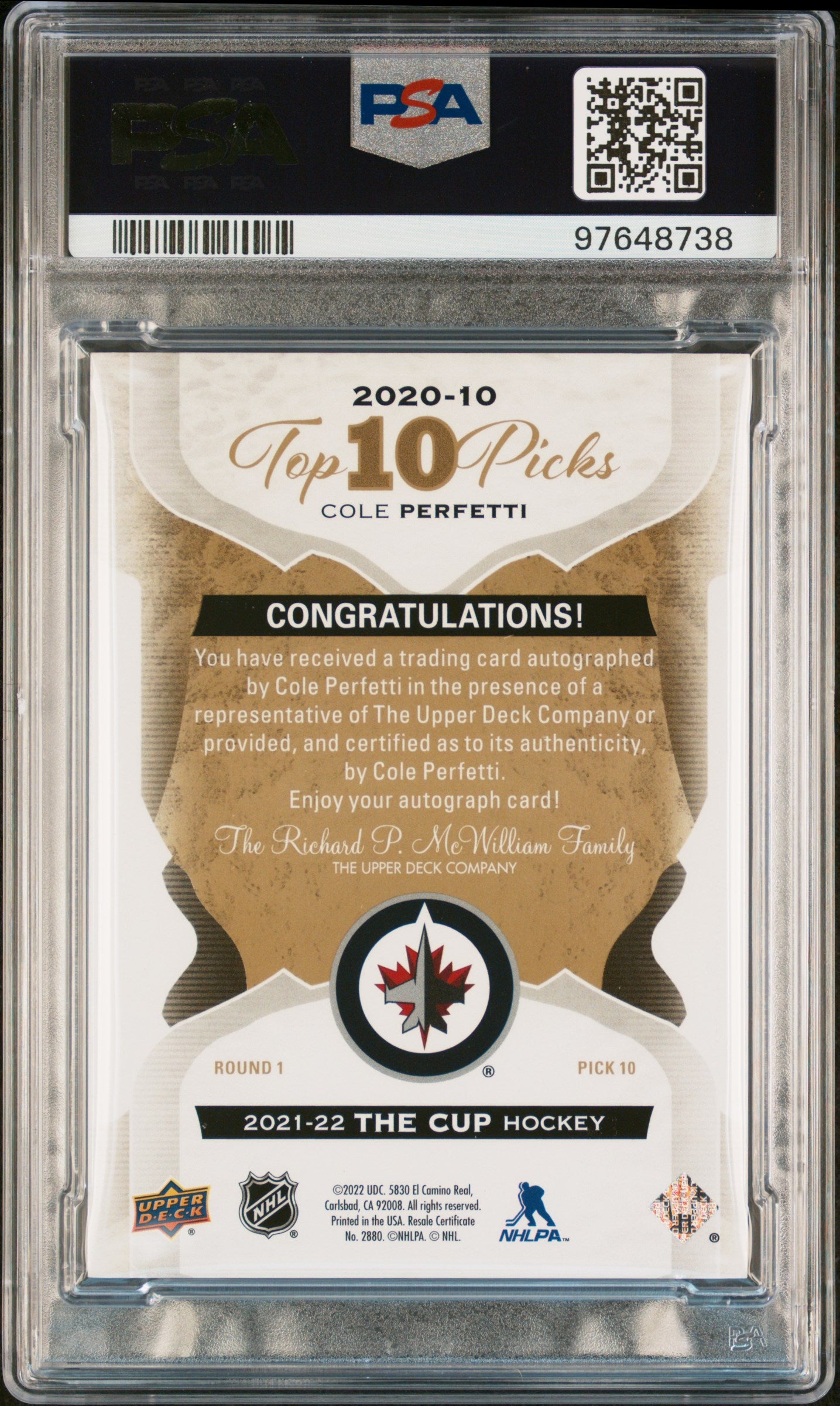 2021 UD The Cup Top Ten Picks Cole Perfetti Auto PSA 8 02/10 #2020-10 