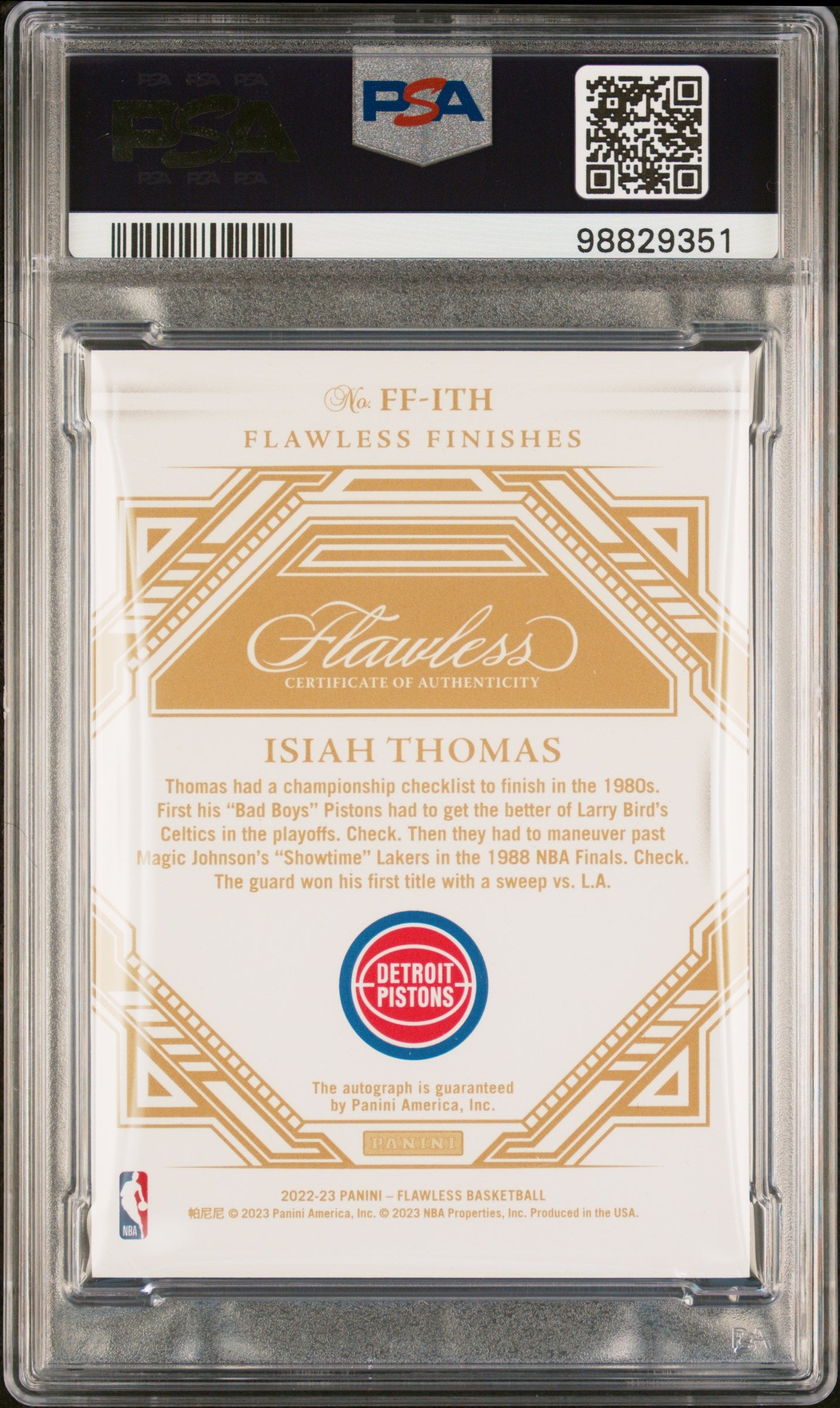 2022 Panini Flawless Flawless Finishes Auto Amethyst Isiah Thomas PSA 9 2/3 