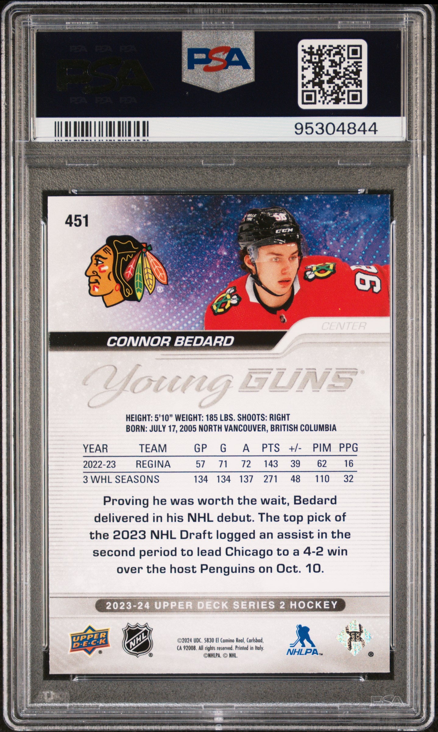 2023-24 Upper Deck Series 2 Hockey Connor Bedard Young Guns PSA 10 #451 