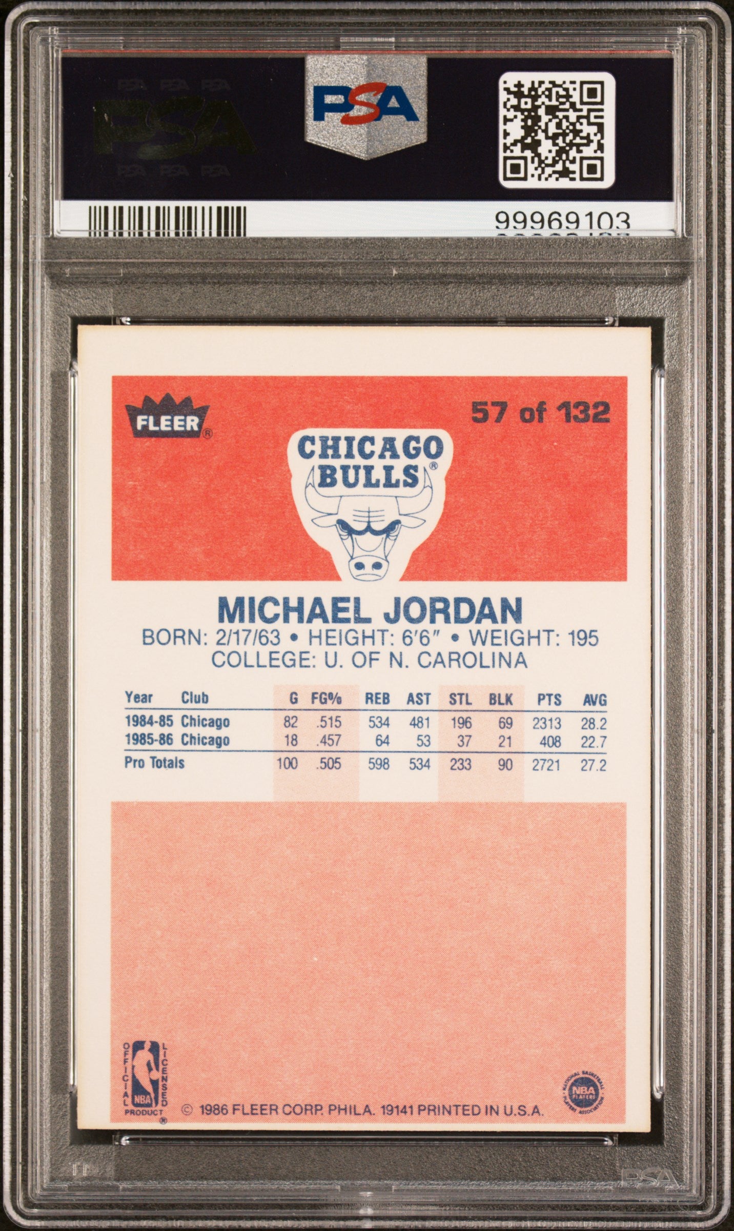 1986 Fleer Premier Basketball Michael Jordan Rookie PSA 6 #57