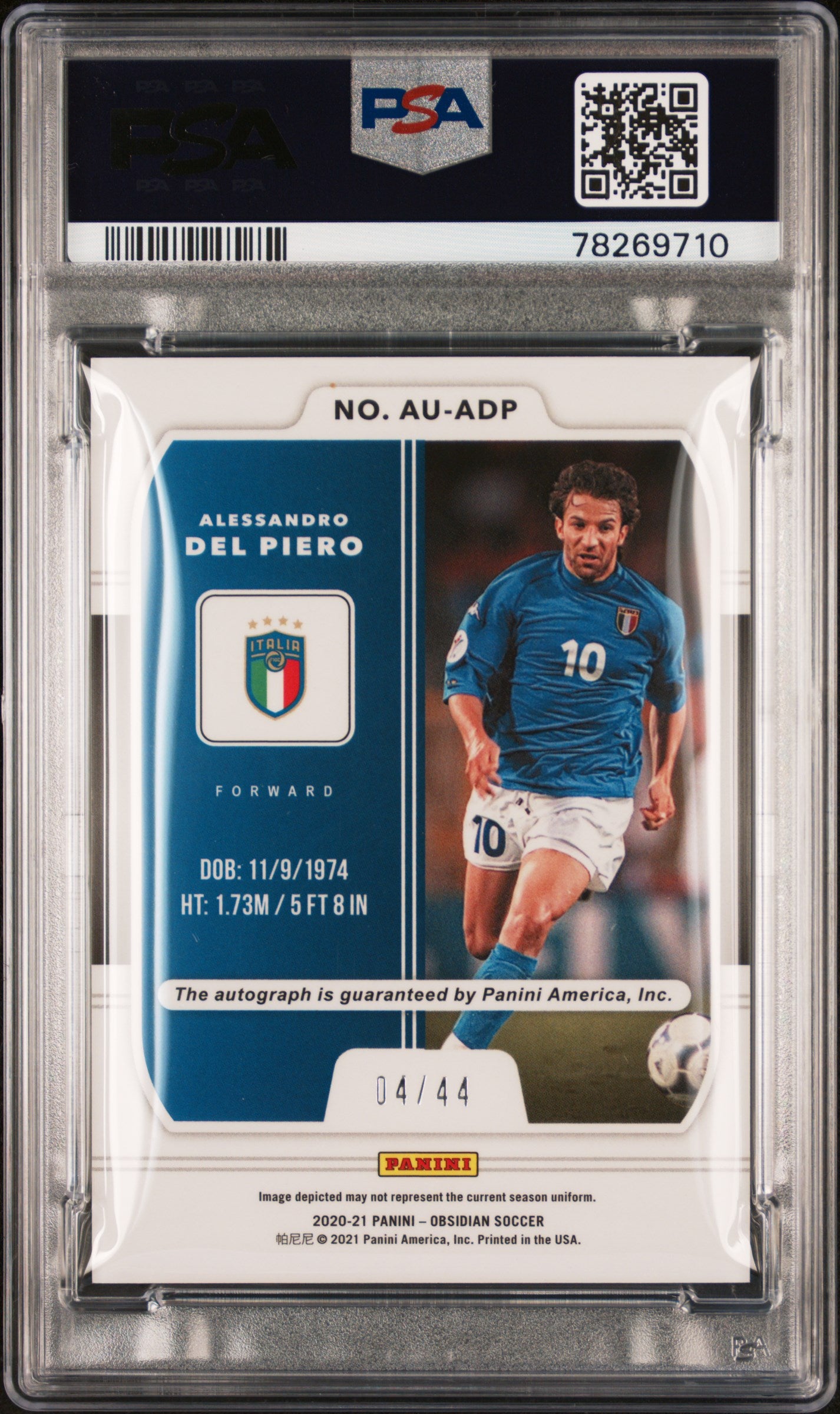 2020 Panini Obsidian Aurora Autographs Alessandro Del Piero Red Flood PSA 9 /44 