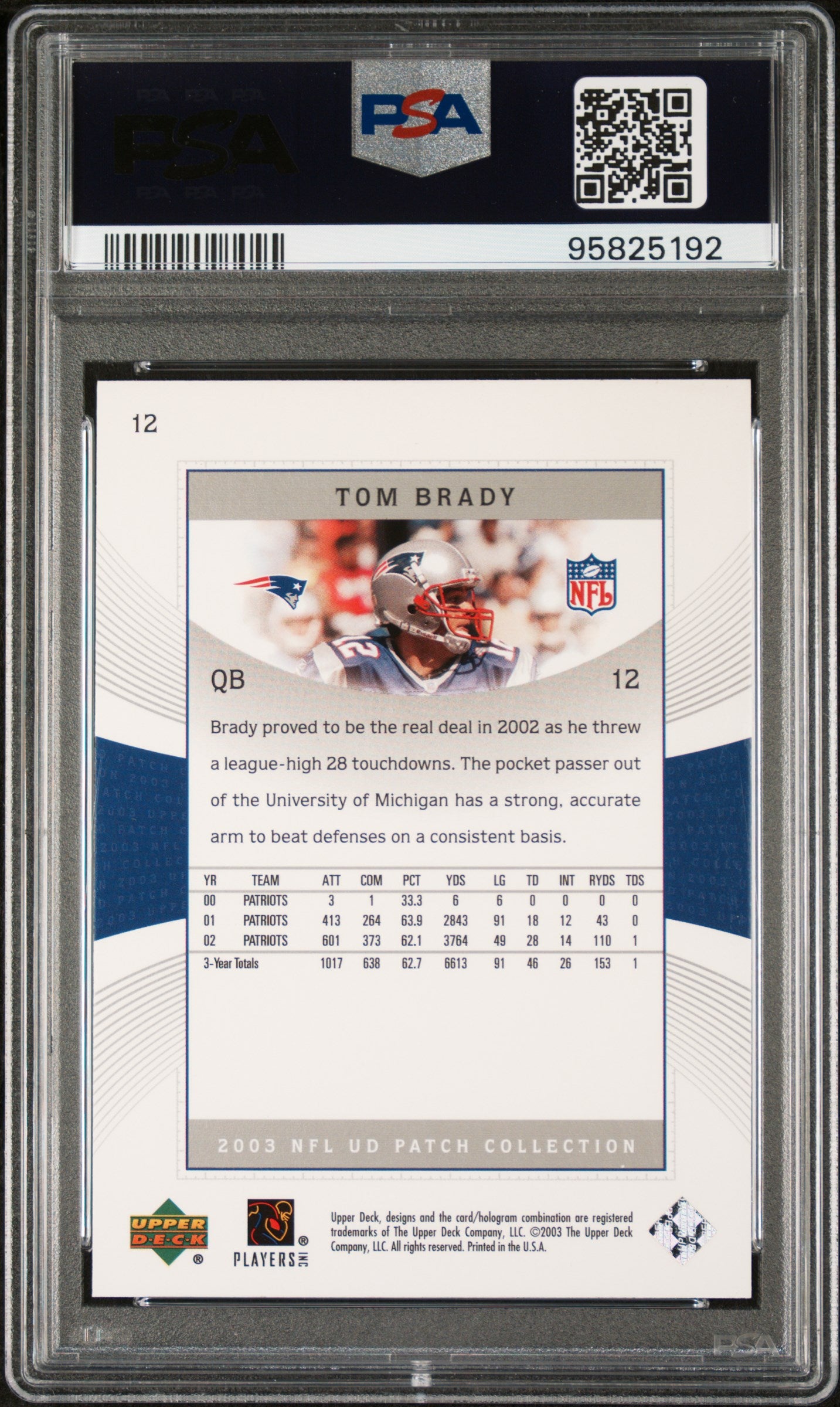 2003 Upper Deck Football Patch Collection Tom Brady #12 PSA 10