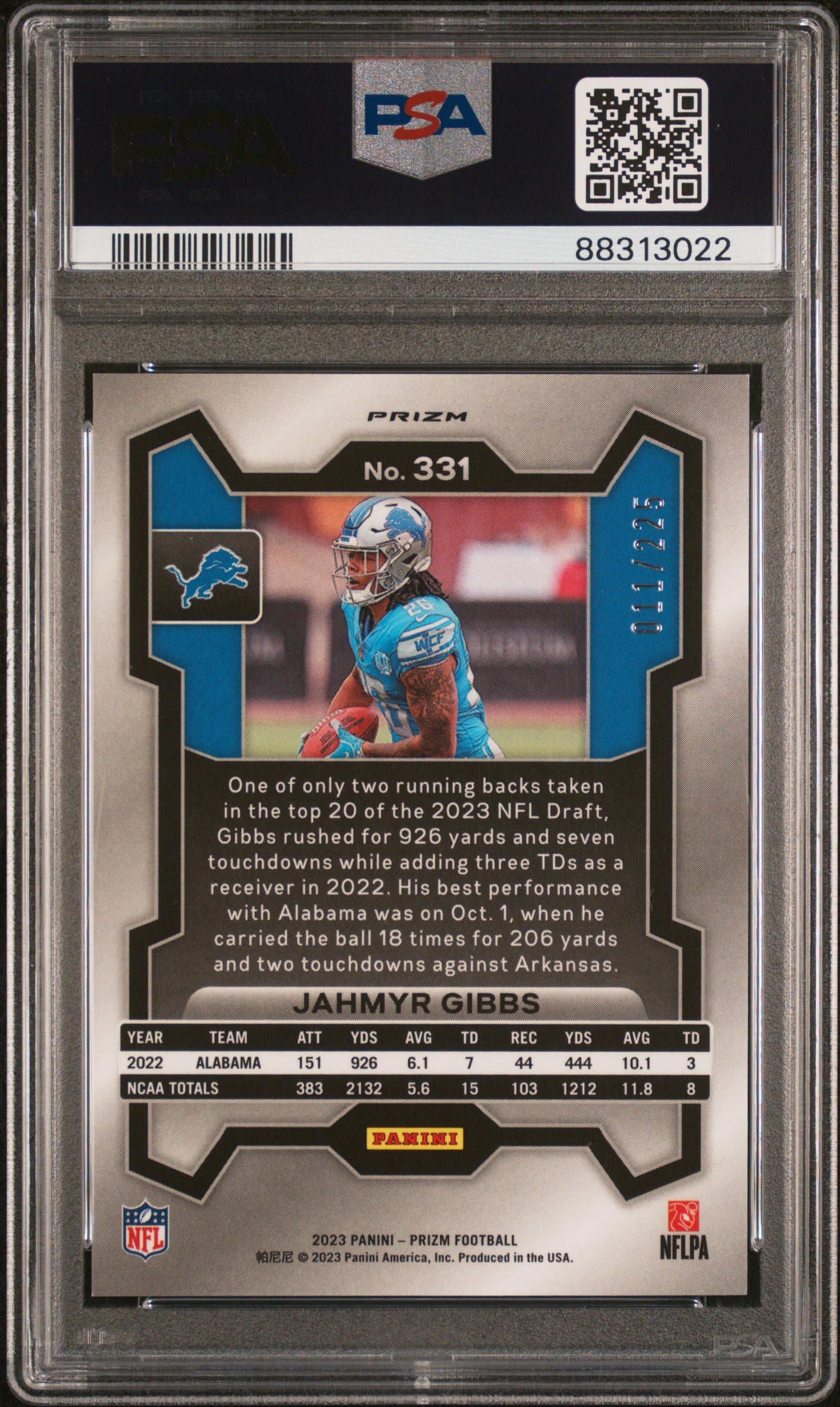 2023 Panini Prizm Football Jahmyr Gibbs RC rookie Purple Ice PSA 10 /225