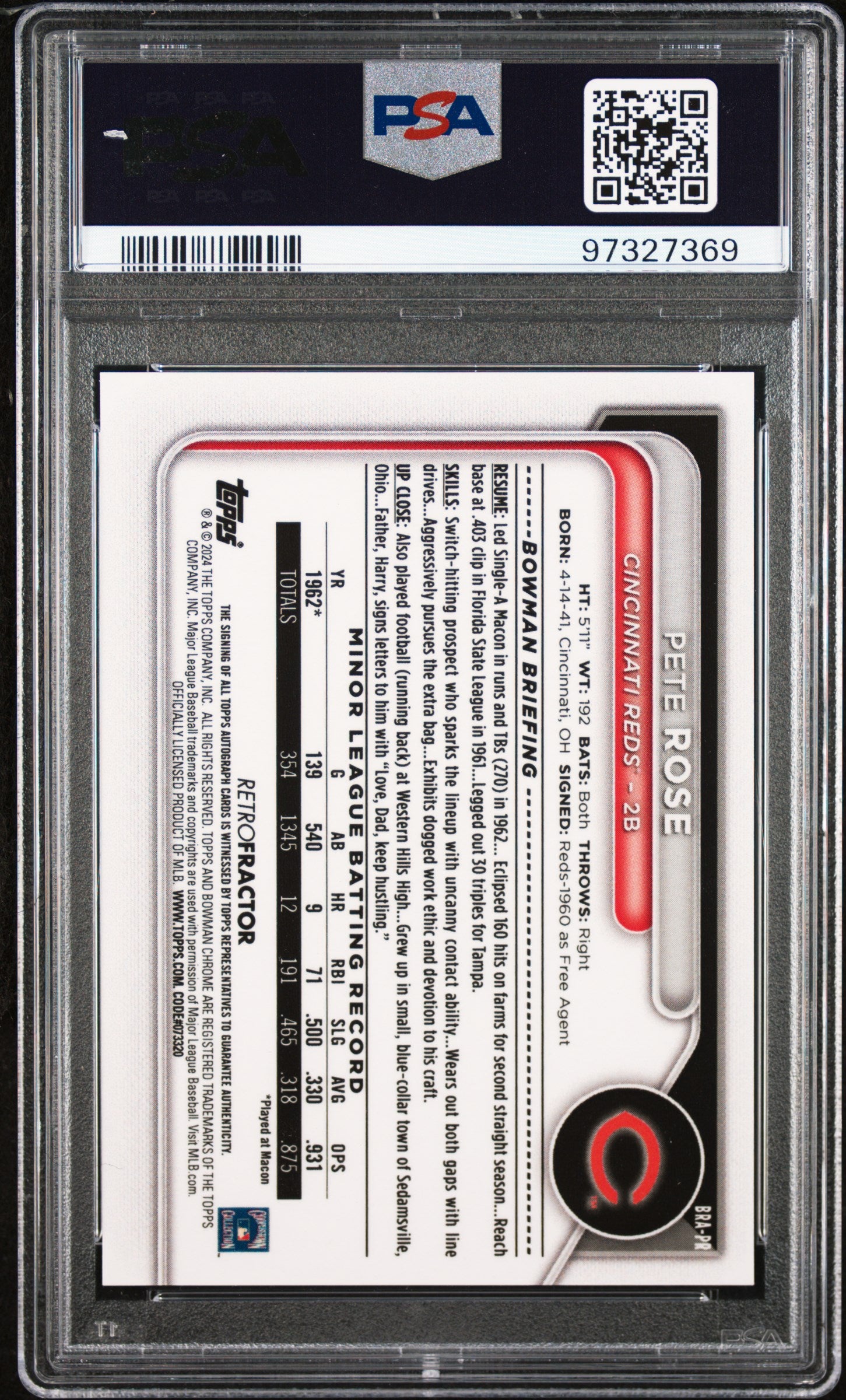 2024 1st Bowman Chrome Retrofractor Orange Autographs Pete Rose PSA 10 /25 