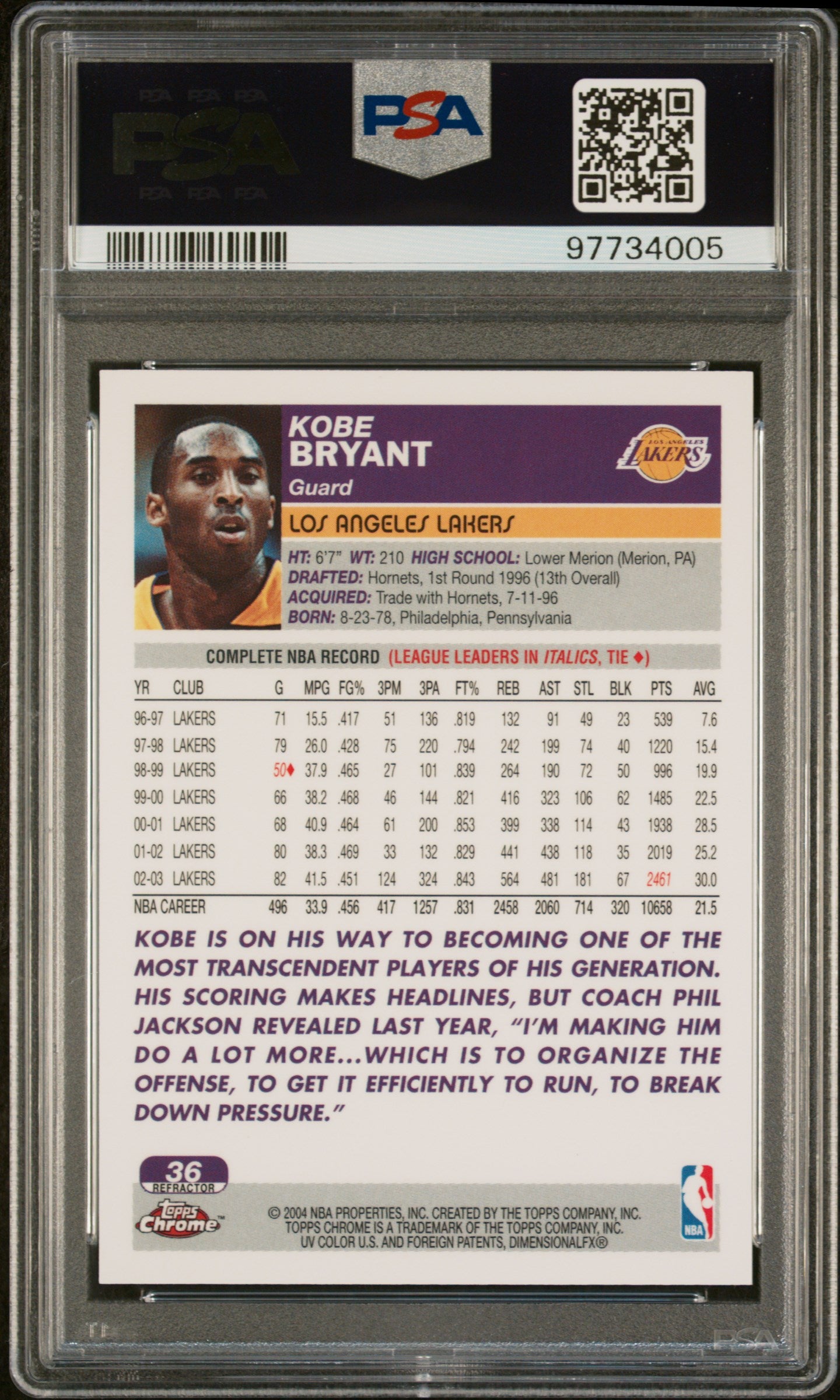 2003 Topps Chrome Basketball Kobe Bryant Refractor PSA 8