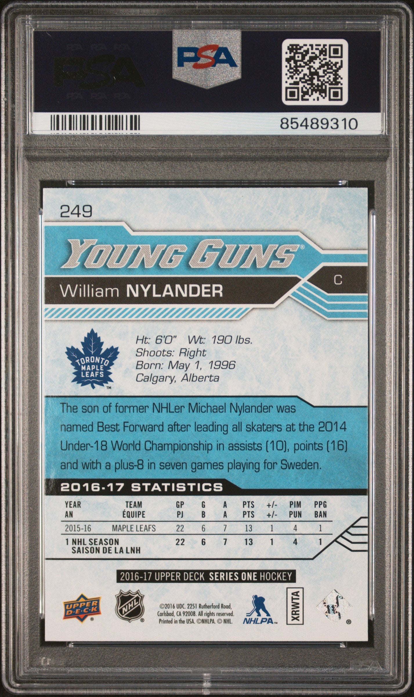 2016-17 Upper Deck Series One Hockey William Nylander Young Guns PSA 10 