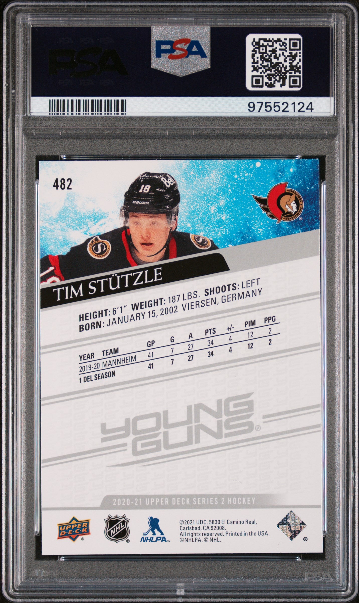 2020-21 Upper Deck Series 2 Hockey Tim Stutzle Young Guns PSA 10 #482 