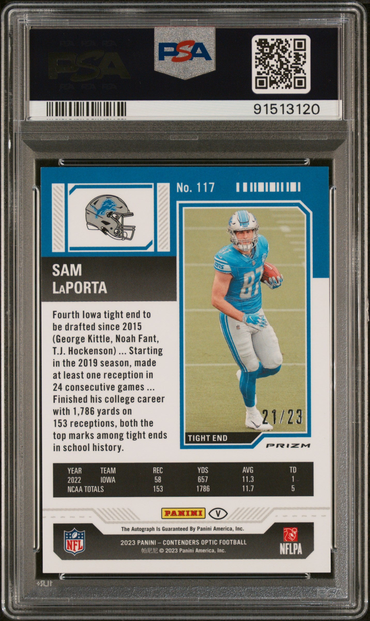 2023 Contenders Optic Football Sam LaPorta Rookie Ticket Auto Blue Variation PSA 