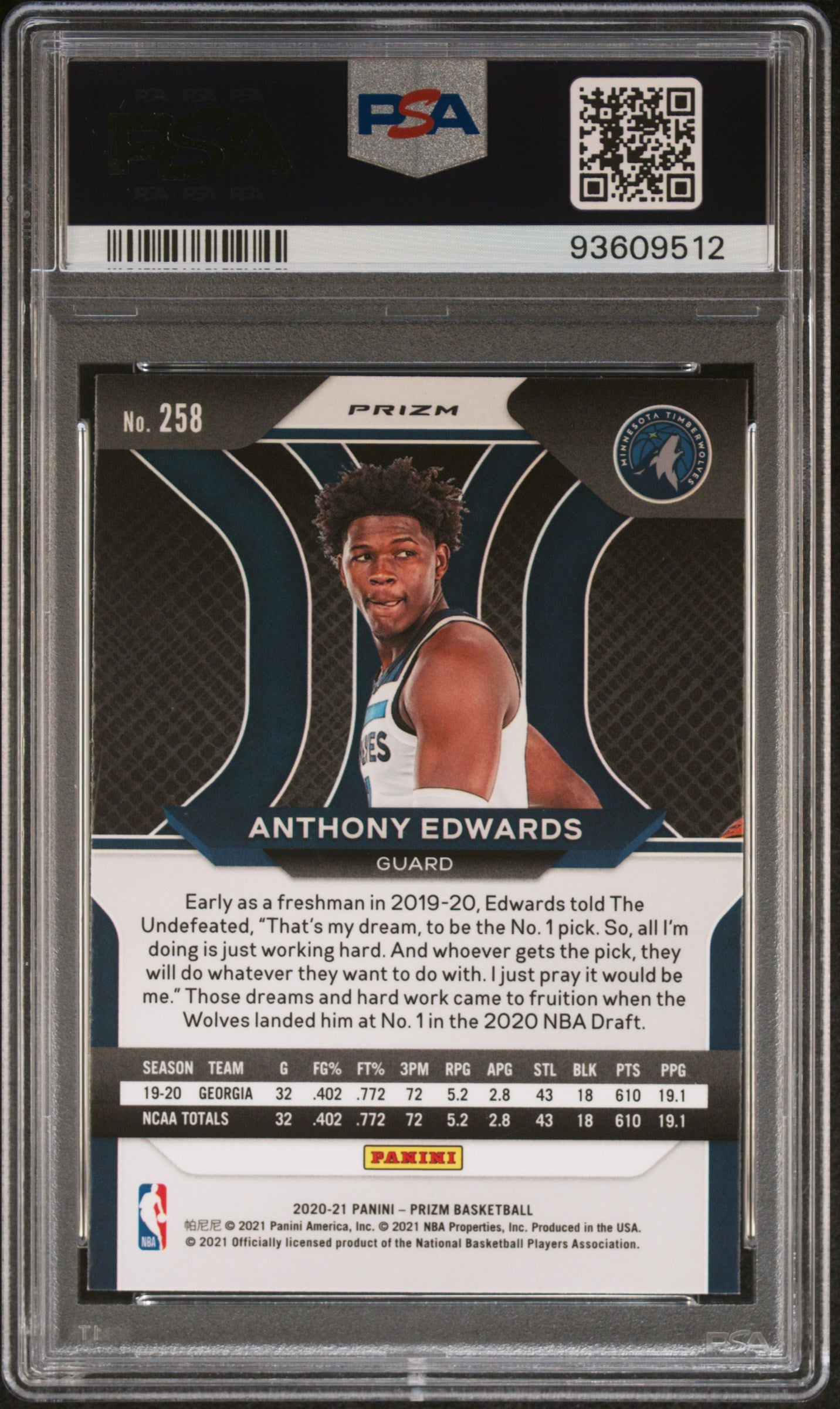 2020 Panini Prizm Basketball Anthony Edwards RC Rookie Ruby Wave Prizm PSA 9 