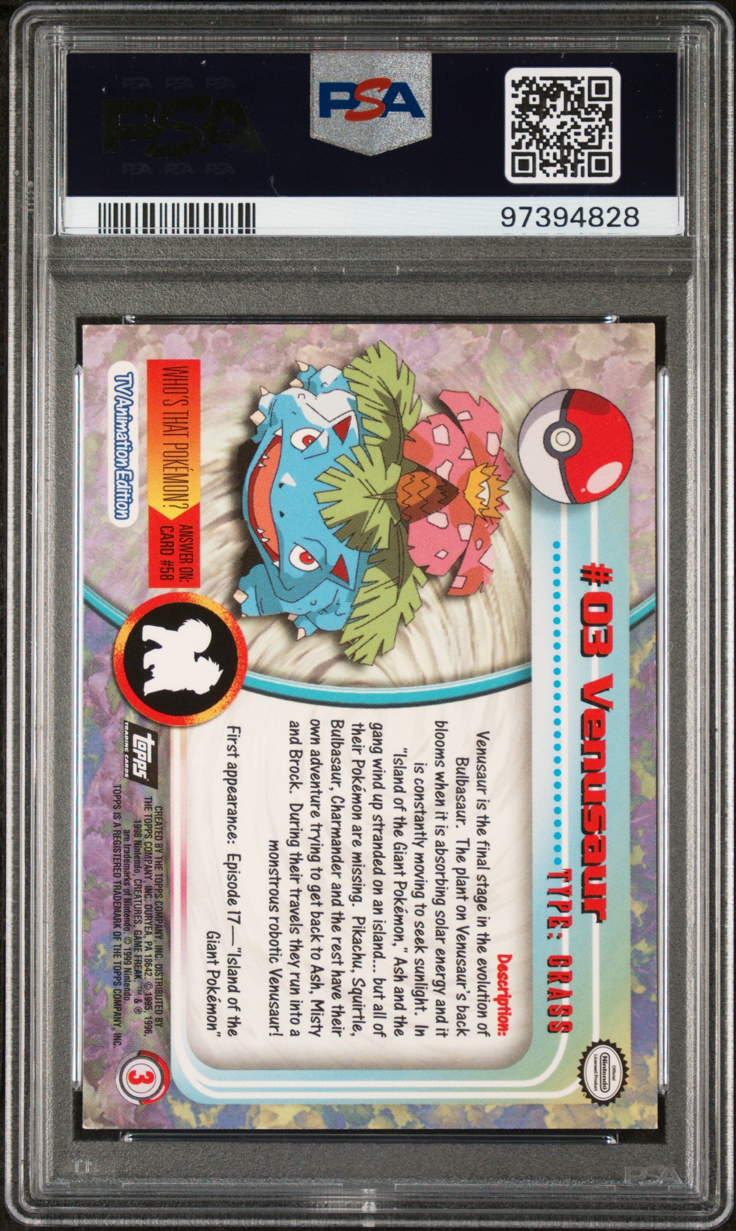 1999 Topps Pokemon TV Venusaur #3 PSA 7 