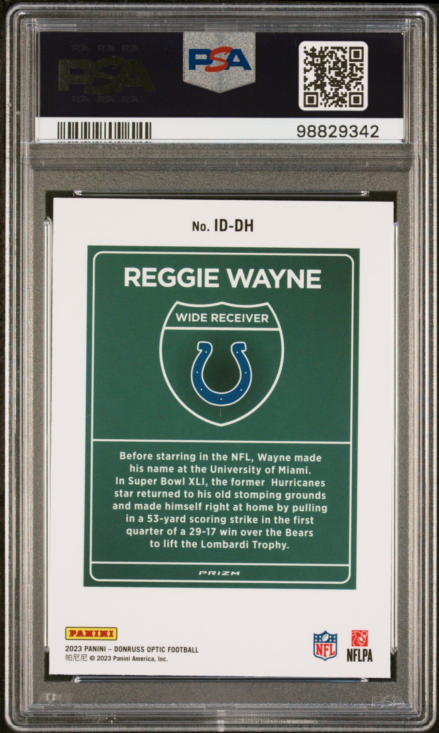 2023 Panini Donruss Optic Super Bowl Downtown Reggie Wayne PSA 10 #ID-DH 