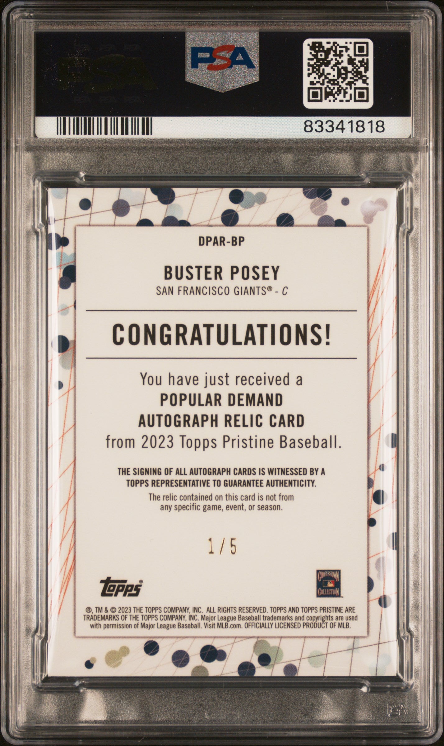 2023 Topps Pristine Baseball PSA 10 Buster Posey Popular Demand Relic Auto 1/5 